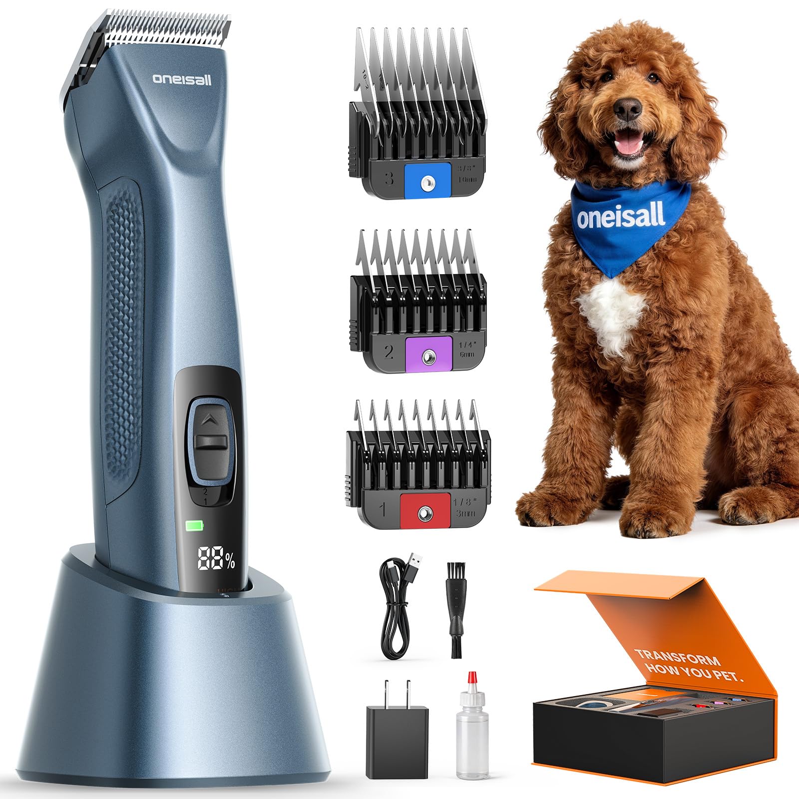 oneisall Tosatrice per Cani pelo lungo professionale, Tosatore Rasoio, 2 Livelli da Tosatrici Elettriche per cani/Gatti, Con batteria rimovibile e pettine in acciaio carbonizzato