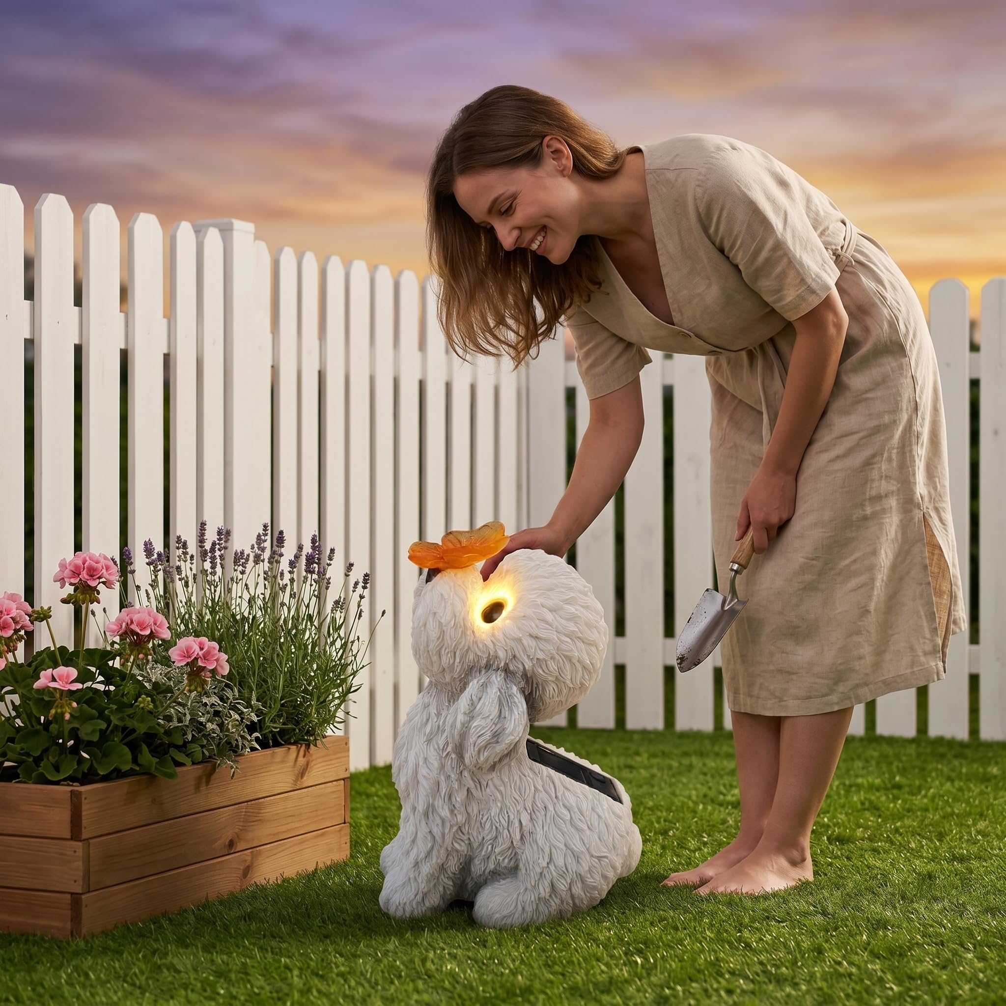 Estatuas de Perros al Aire Libre, Estatua de jardín Solar, estatuilla de Perro de Peluche Blanco con luz LED de Mariposa - Decoración de Patio y Patio al Aire Libre.