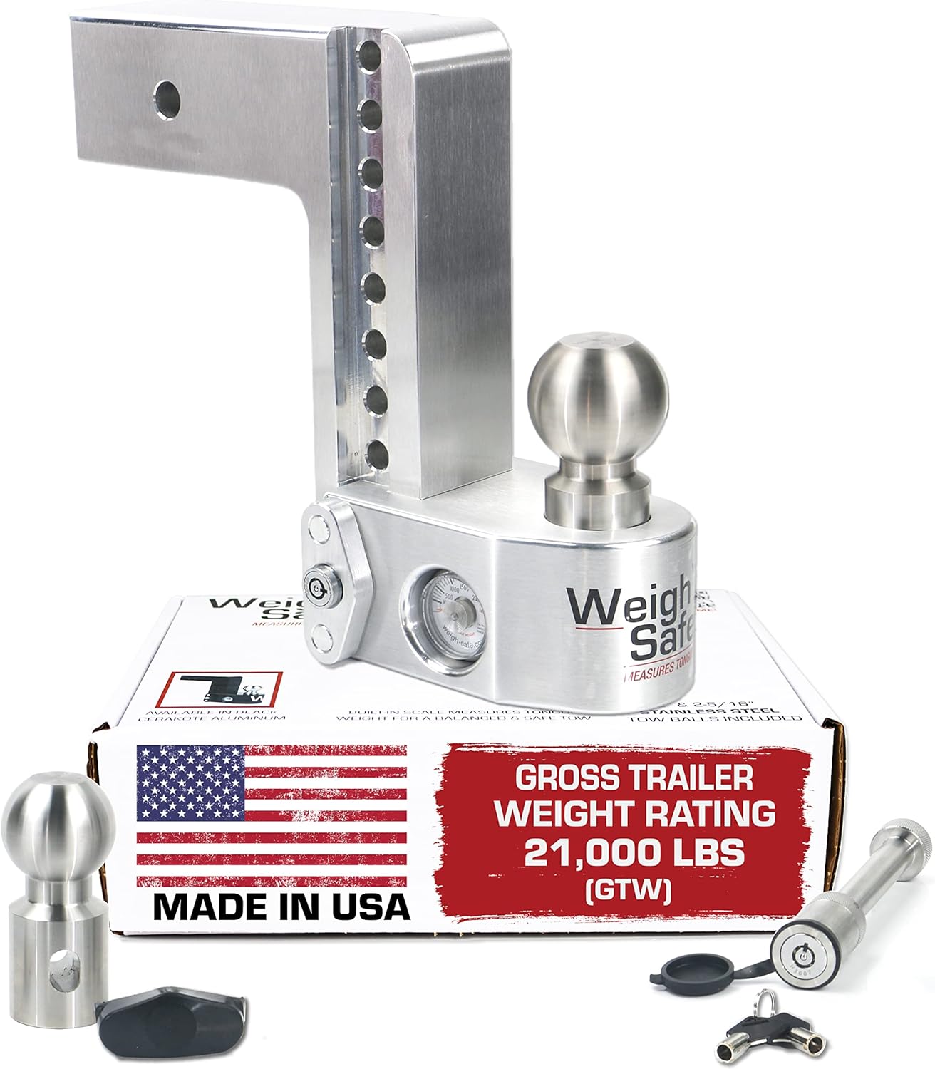 Weigh Safe Adjustable Trailer Hitch Ball Mount - 8" Drop Hitch for 3" Receiver w/ 2 pc Keyed Alike Lock Set, Premium Aluminum Trailer Tow Hitch w/Built in Weight Scale for Anti Sway, 21,000 lbs GTW 8" Drop Hitch 2 Piece Keyed Alike Lock Set
