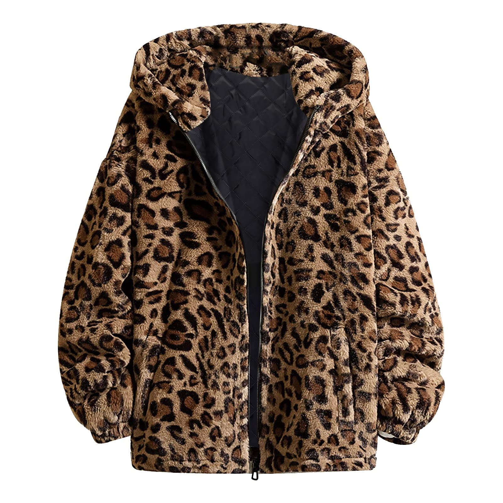 Fleecejacke Hoodie Damen Leopard Fuzzy Fleece Kapuzenjacke Winter Innenfleece Jacke Teddy Fleecejacke Gefüttert Winterjacke Lässige Kuscheljacke Outdoor Sweatjacke