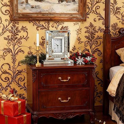 Miniatura 3 de SHYFOY Reloj de escritorio con espejo, relojes de mesa decorativos con diamante triturado de 13.2 x 11.8 pulgadas, reloj rectangular de cristal con