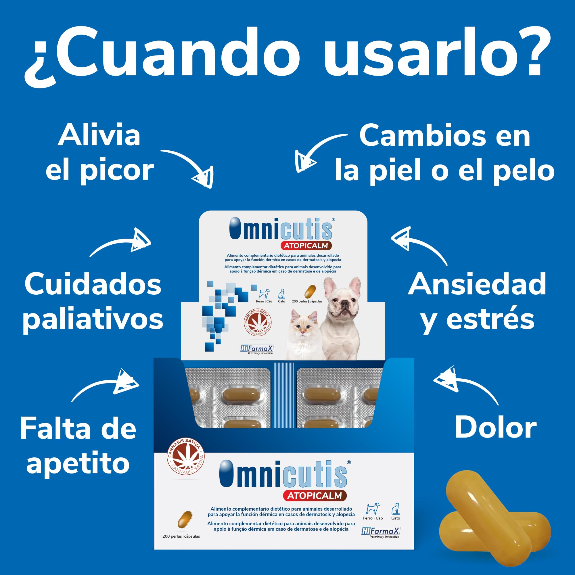Omnicutis Atopicalm Hifarmax – Complemento Alimenticio con Omega 3, Zinc y Biotina | Apoya la Salud de la Piel en Mascotas con Dermatosis | Vitaminas para Perros y Gatos 200 Cápsulas