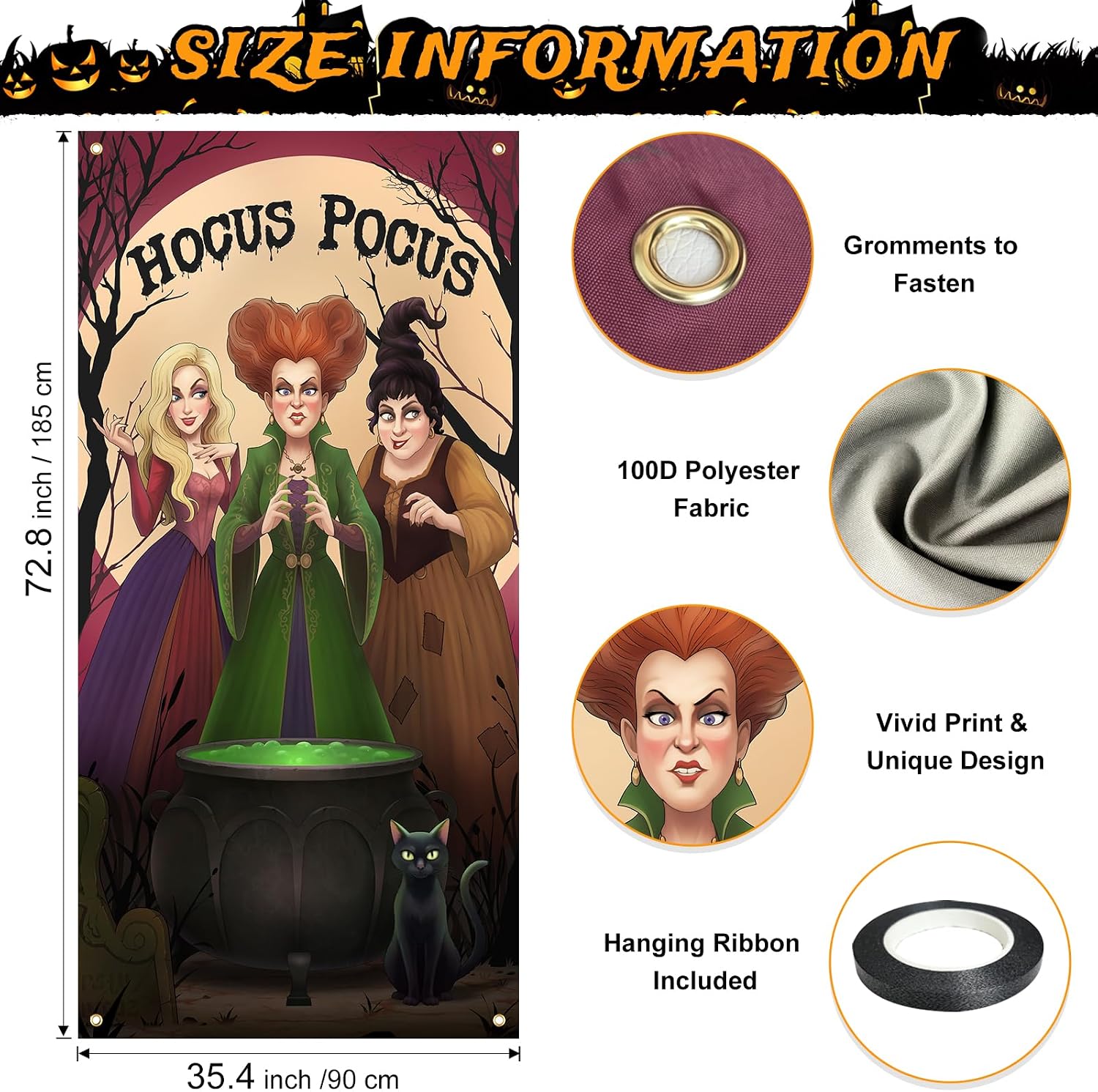 Halloween Door Cover Hocus Pocus Decorations , Witch Sisters Black Cat Halloween Door Banner for Party Photo Background, Moon and Witch's Cauldron Decorations for Front Door, Indoor Wall, Window & Haunted House Porch Decor