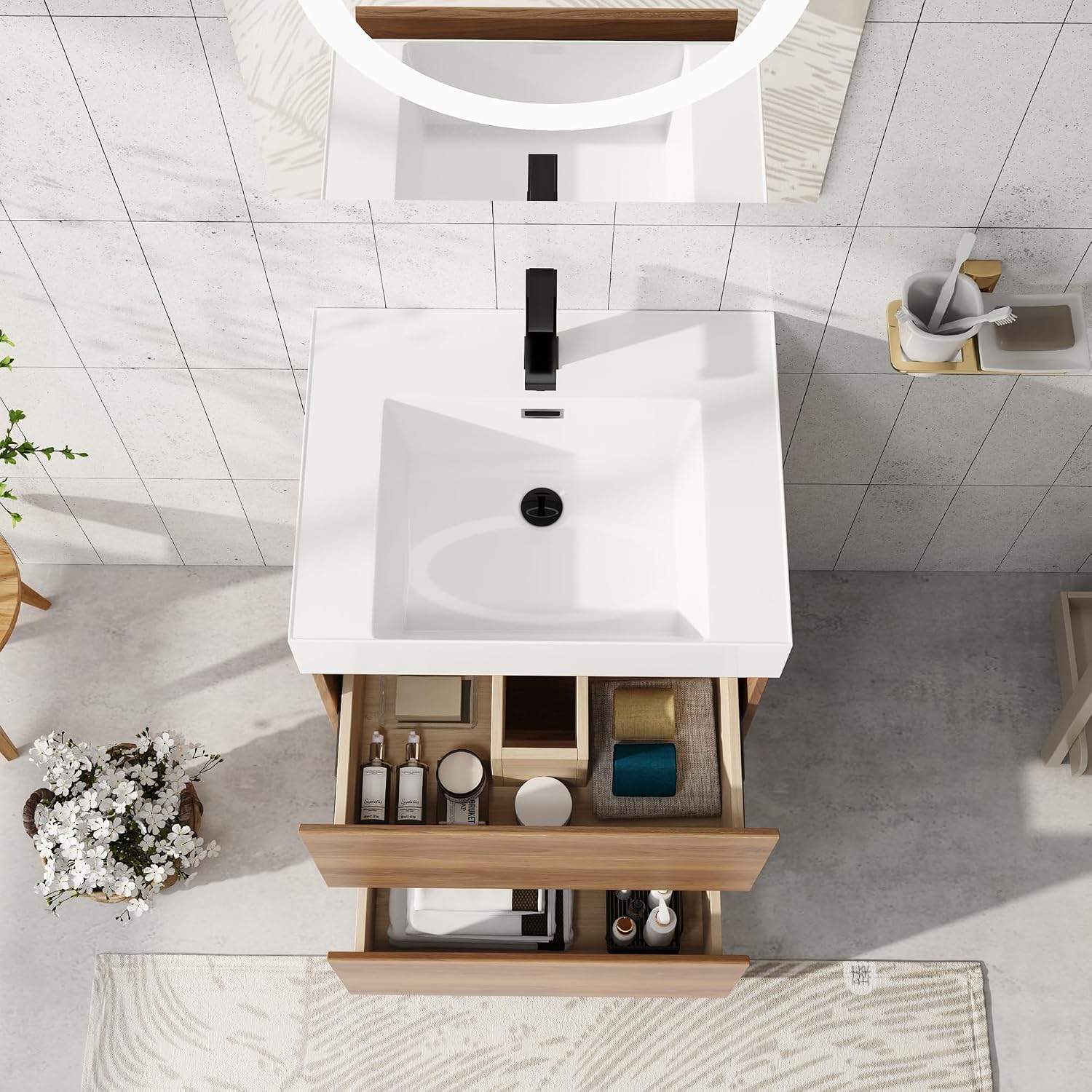 24 inch Bathroom Vanity with Sink, Modern Freestanding Bathroom Cabinet with Thick Edged Ceramic Basin Top & Soft Close Drawers, 24" Single Sink Bathroom Vanity, Brown