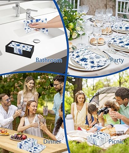 Miniatura 6 de Servilletas florales de 100 unidades de 13 x 15.7 pulgadas, servilletas de papel desechables de 3 capas de flores azules para baño, boda,