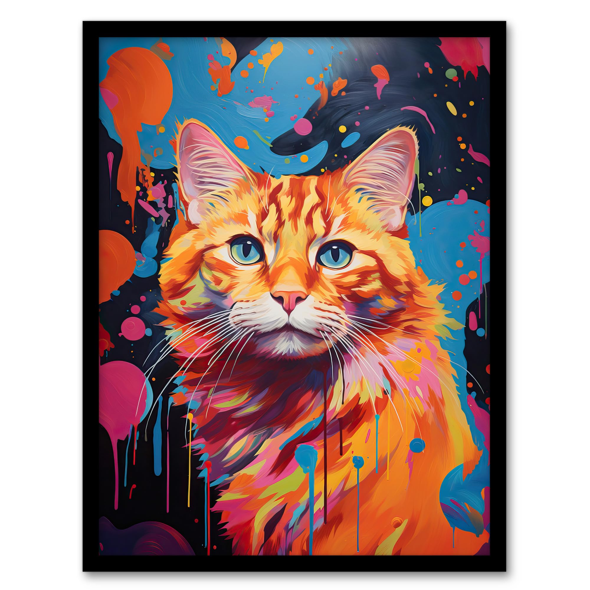 Artery8 Orange Tabby Cat Lover Gift Pet Portrait Abstract Pink Blue Artwork Painting Artwork Framed Wall Art Print A4