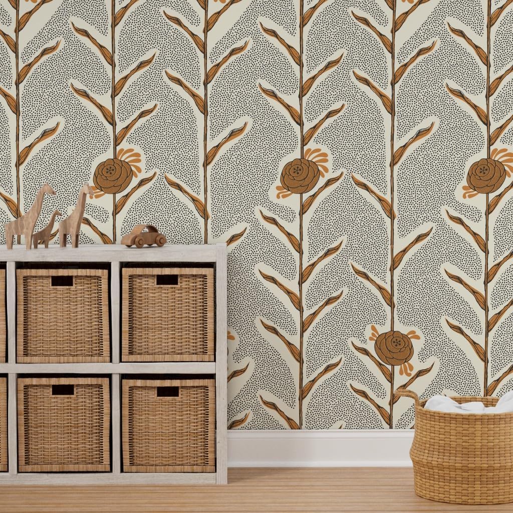 Spoonflower Peel & Stick Wallpaper 3ft x 2ft - Botanical Peony Cream Charcoal Golden Flower Nature Leaf Custom Removable Wallpaper