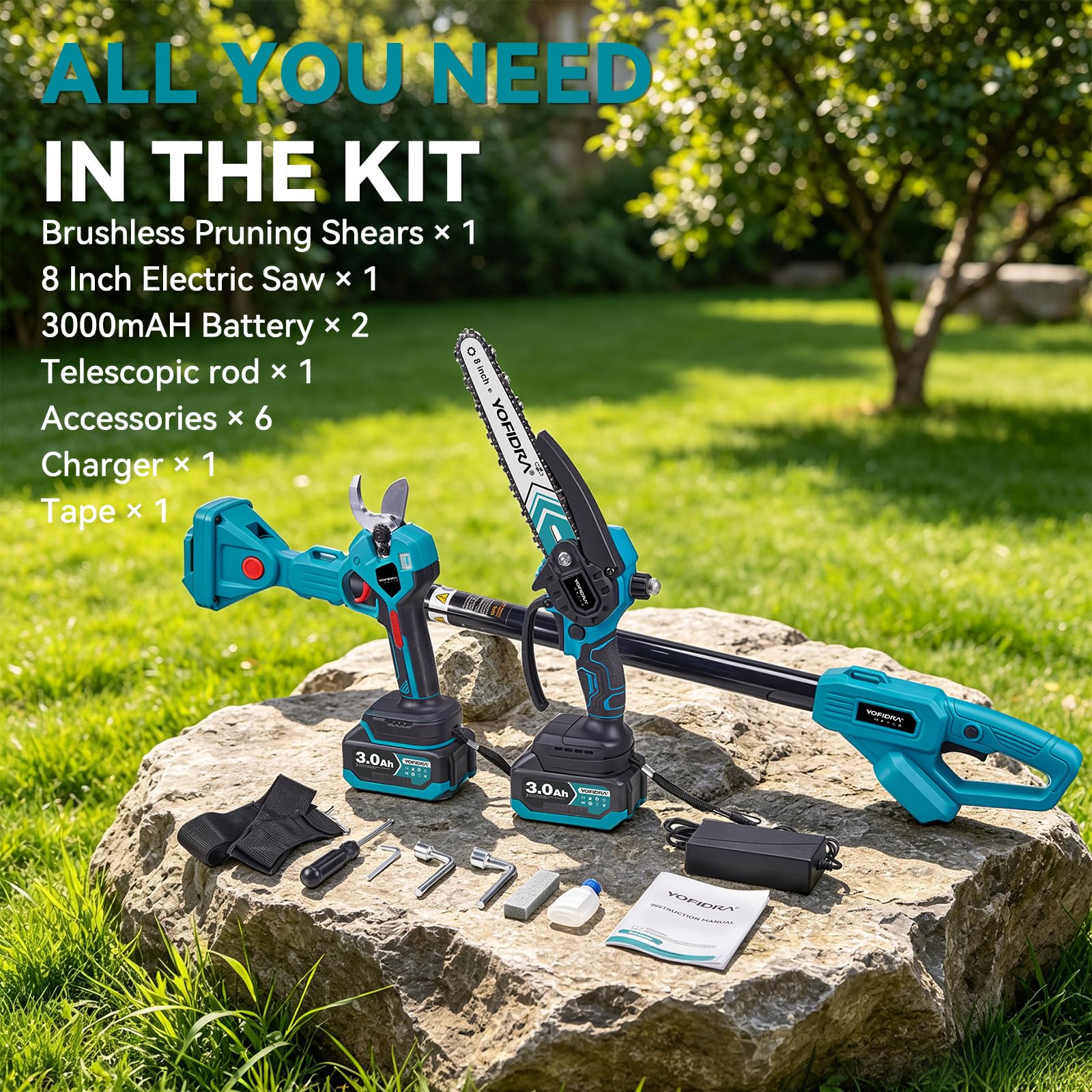 Yofidra Kit 4-en-1 d’Élagueuse et Tronçonneuse sur Perche, 8” Tronconneuse & 30 mm Sécateur Électrique Sans Fil, avec 2 Batteries 3,0 Ah, Portée Maximale Jusqu'à 4,2 m