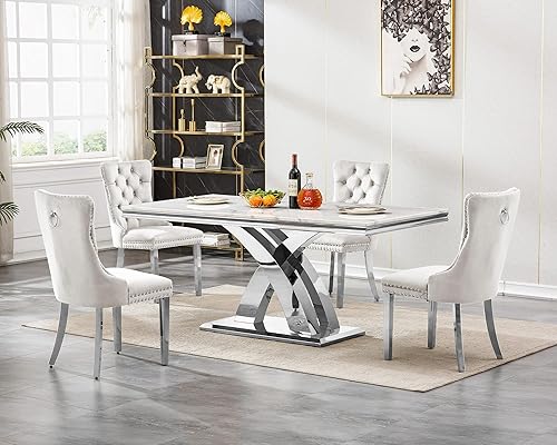 Miniatura 17 de Juego de mesa de comedor de mármol sintético blanco plateado de 70 pulgadas para 4, juego de mesa rectangular moderna de 5 piezas con patas de acero