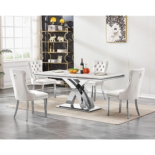 Modern Marble Dining Table Set for 4, Luxury Kitchen Dining Room Table Set for 4, 68" Rectangular Marble Table with Velvet Chairs, 5 Piece Dining Table Set for Dinner Party Gathering, Beige & Silver