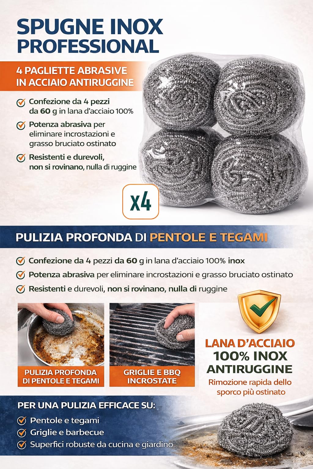 Spugne Inox Professionali in Acciaio Antiruggine 60 g – Confezione da 4 Pagliette Acciaio Abrasive per Pentole, Tegami, Griglie e Barbecue – Lana d’Acciaio per Pulizia Sporco Incrostato e Bruciato,