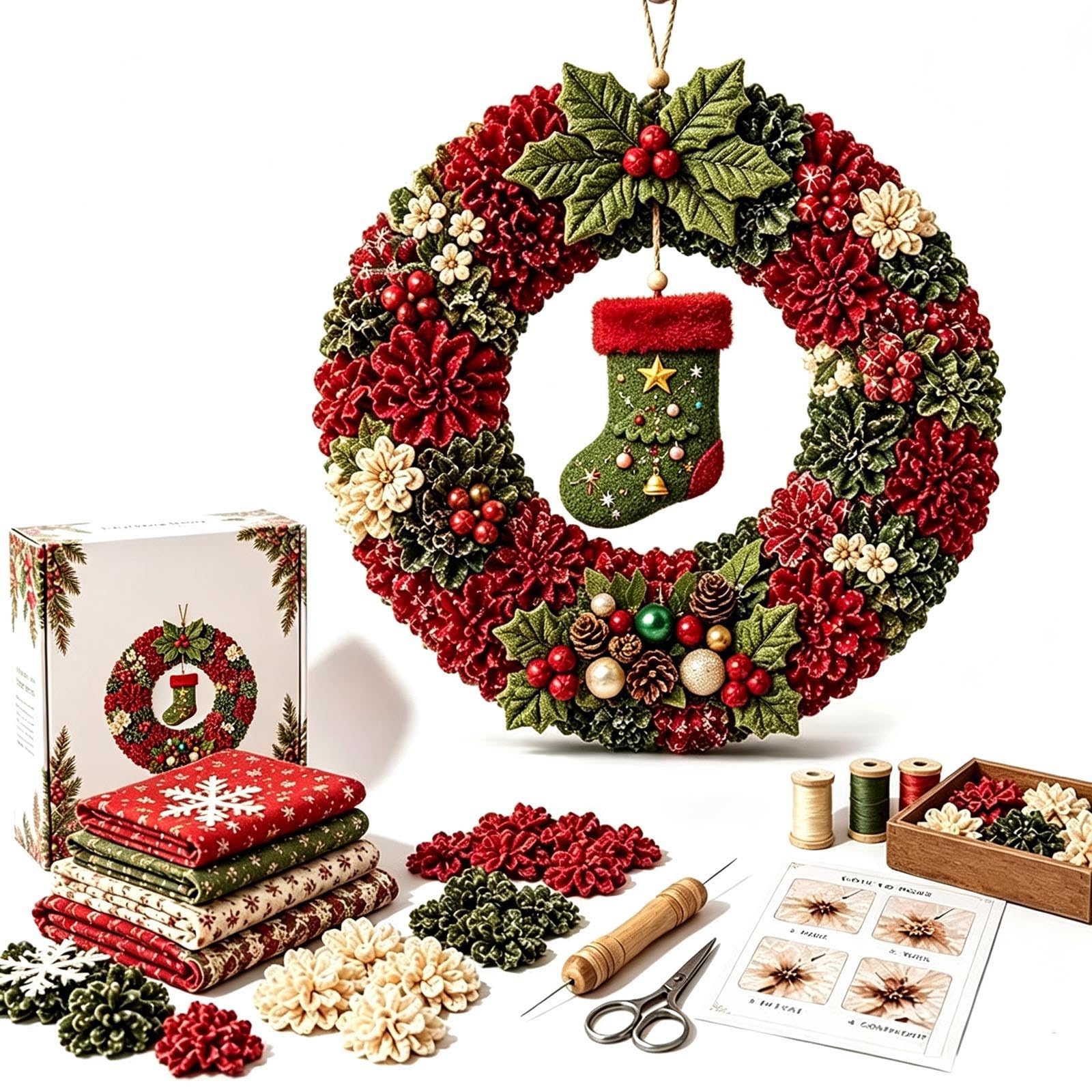 3D Fabric Poke Wreath DIY Kit, Christmas Wreath DIY Kit for Adults (H)