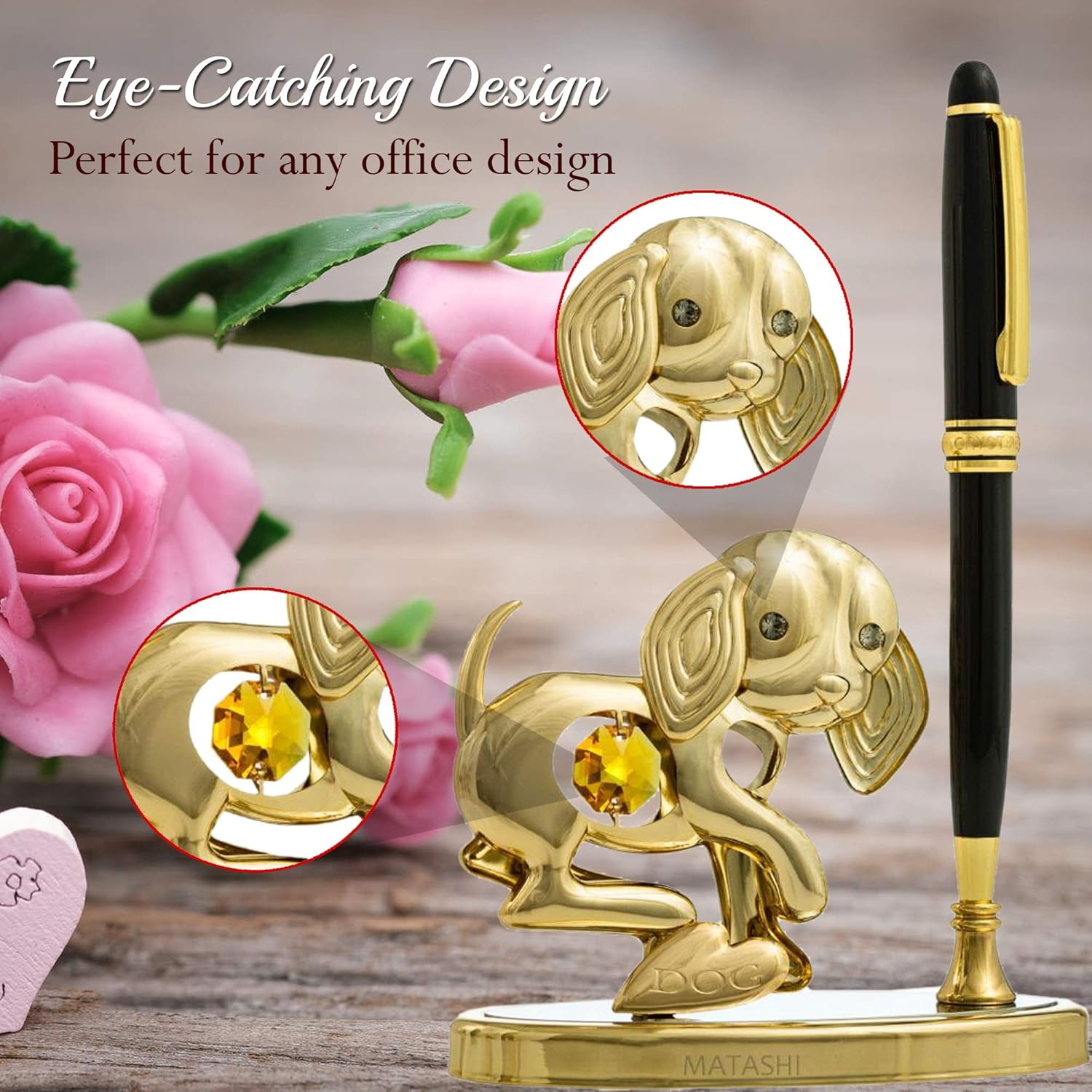 Matashi 24K Gold Plated Puppy Pen Set w/Crystals – Elegant Metal Dog Figurine Pen Stand Holder – Home Office Desk Decor Gift for Dad, Mom, WIfe - Perfect for Mother’s Day, Birthday (Black Ballpoint)