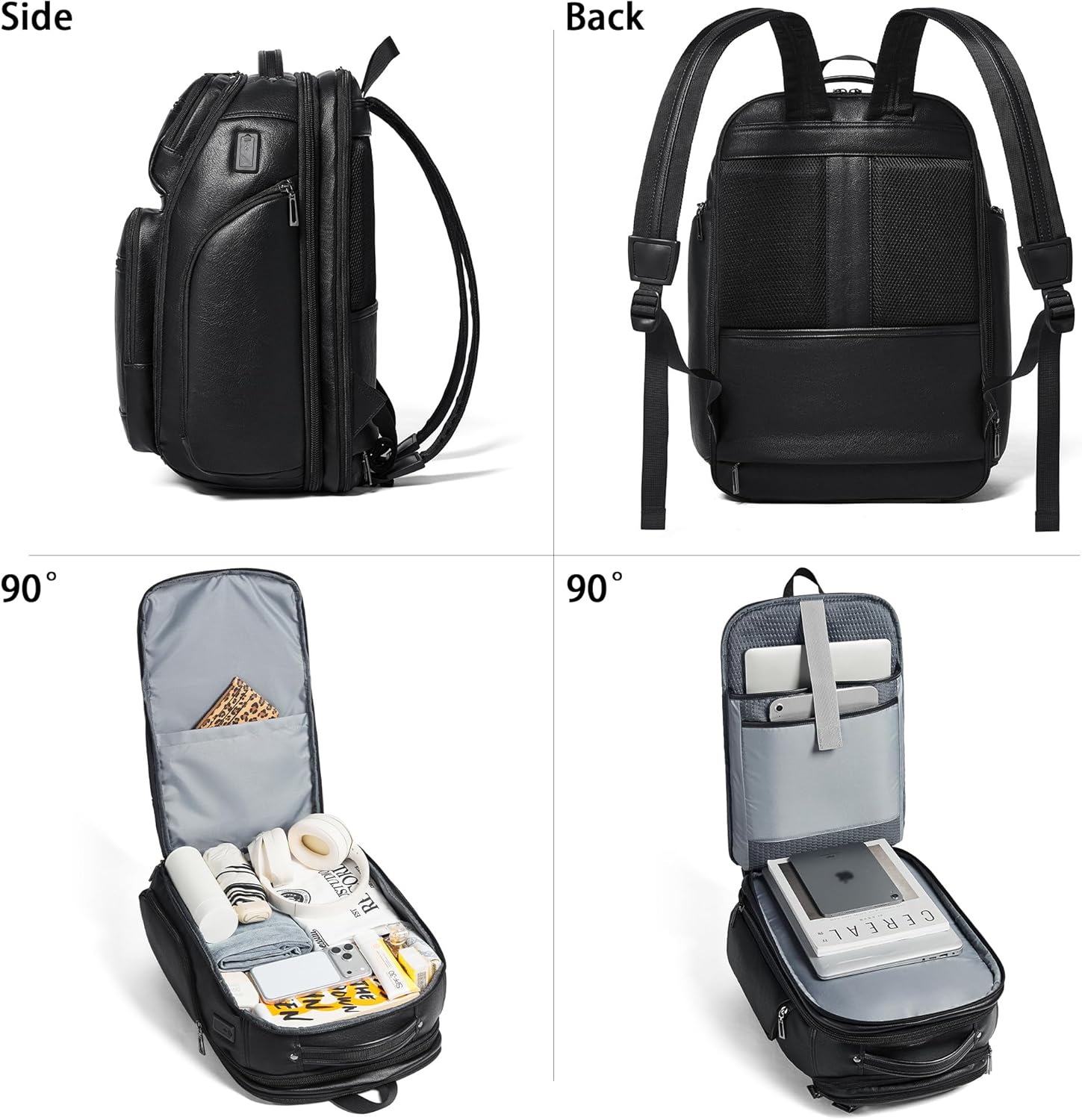 Vegan Leather Backpack, 40L Expandable, TSA Travel Backpack for Men and Women, Fits 17.0 Inch Notebook with Luggage Strap and USB Port, Black