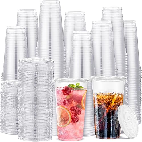 Skylety Juego de 500 vasos de plástico transparente con tapas planas, vasos desechables de PET para bebidas frĂas para bebidas frĂas para fiestas Skylety Juego de 500 vasos de plástico transparente con tapas planas, vasos desechables de PET para bebidas frĂas para bebidas frĂas para fiestas