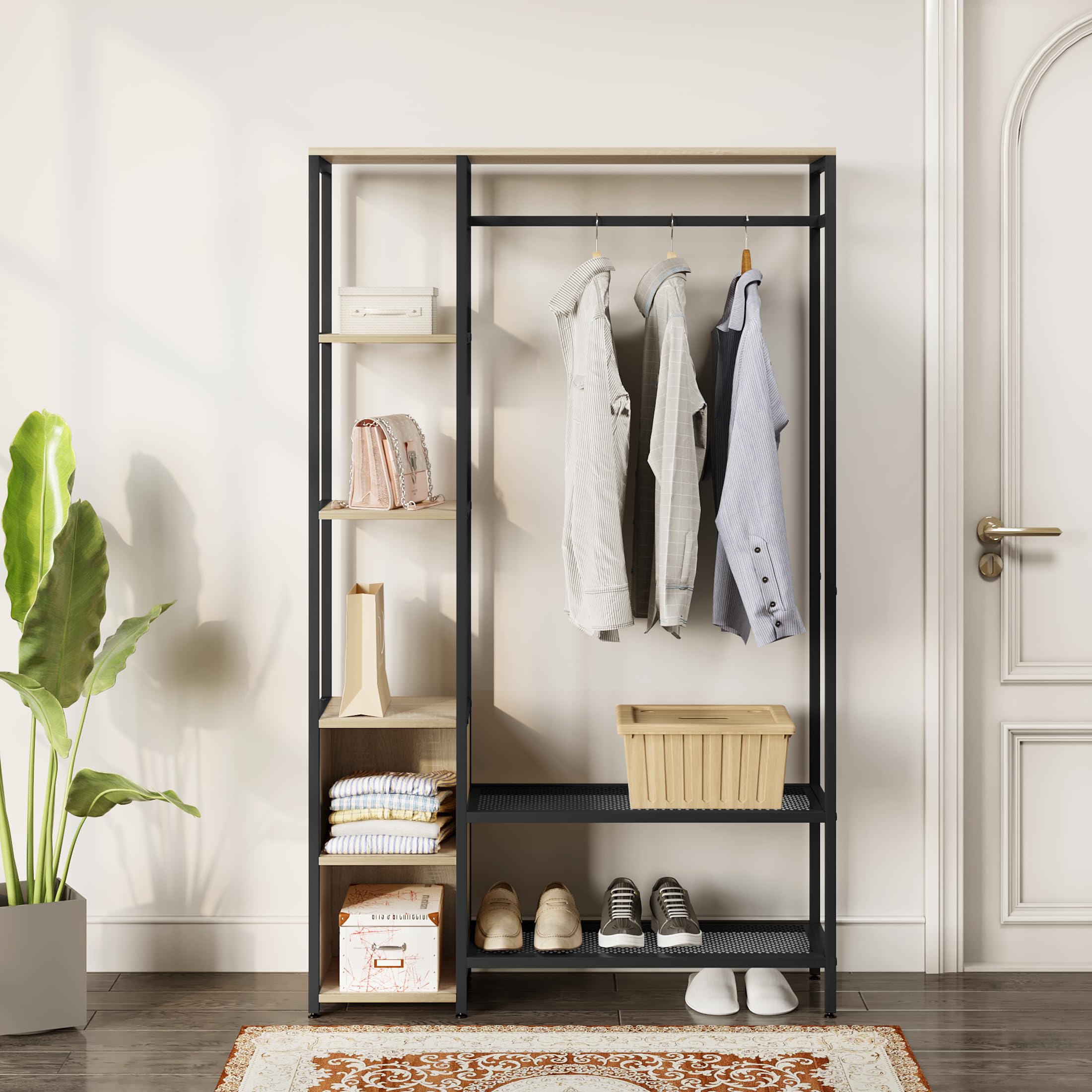 eSituro Perchero Ropa con Zapatero, 2 Estantes, 2 Compartimentos Abiertos y Barra de Colgar, para Entrada Recibidor, Madera+Metal, Roble Claro+Negro