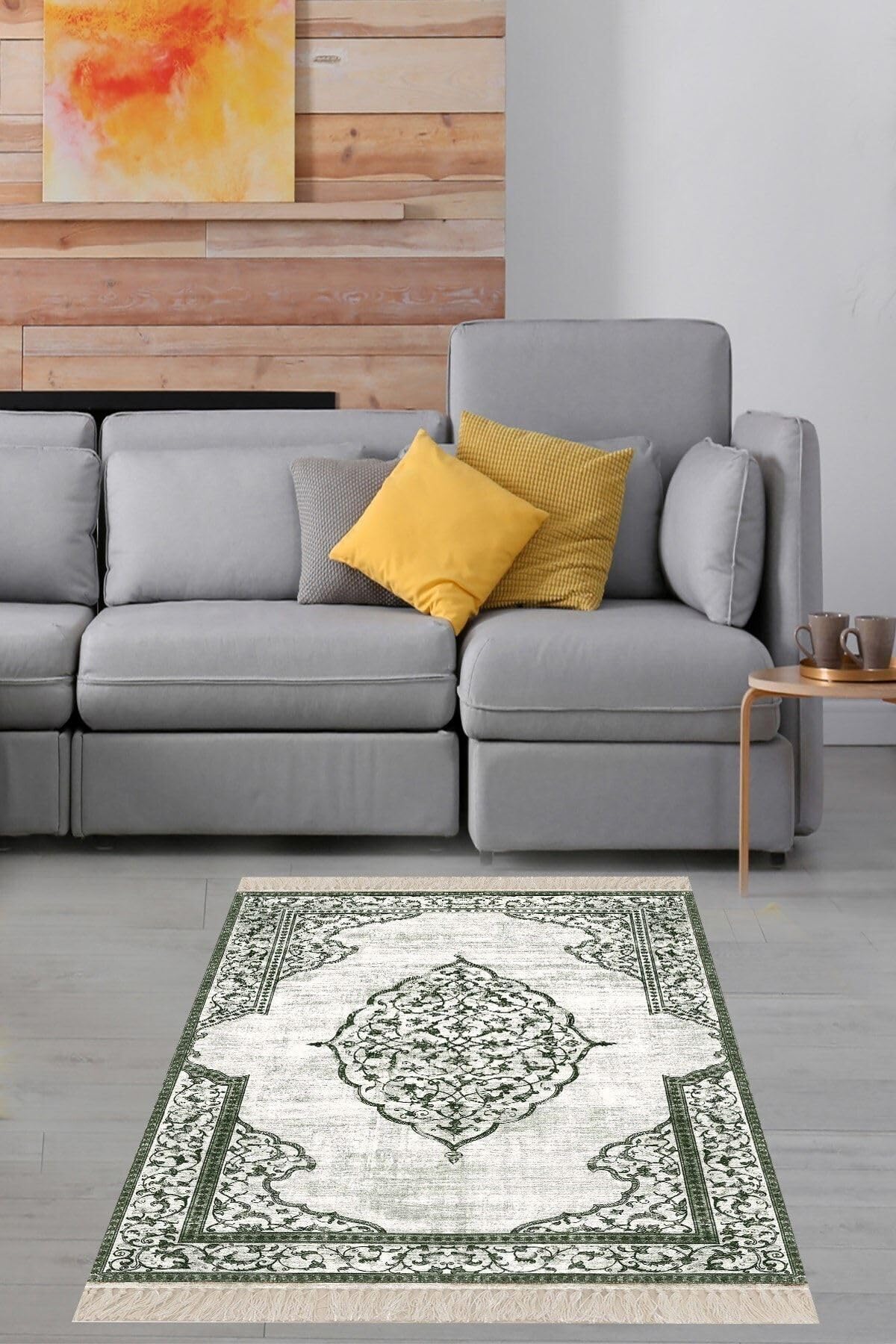 Pelangi Osmanlı Desen Göbekli Dijital Baskı Yıkanabilir Modern Salon Halısı, Yeşil 120 x 120