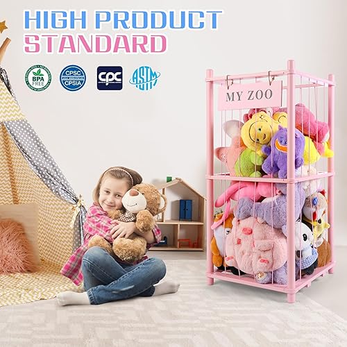 Miniatura 3 de Zoológico de almacenamiento de animales de peluche, organizador de animales de peluche de madera con cordones elásticos para niños y niñas, soporte