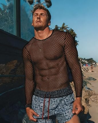 Men's Mesh Fishnet Top Long Sleeve Sheer See Through T Shirt Fitted Muscle Blouse Clubwear