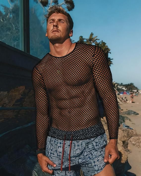 Men's Mesh Fishnet Top Long Sleeve Sheer See Through T Shirt Fitted Muscle Blouse Clubwear
