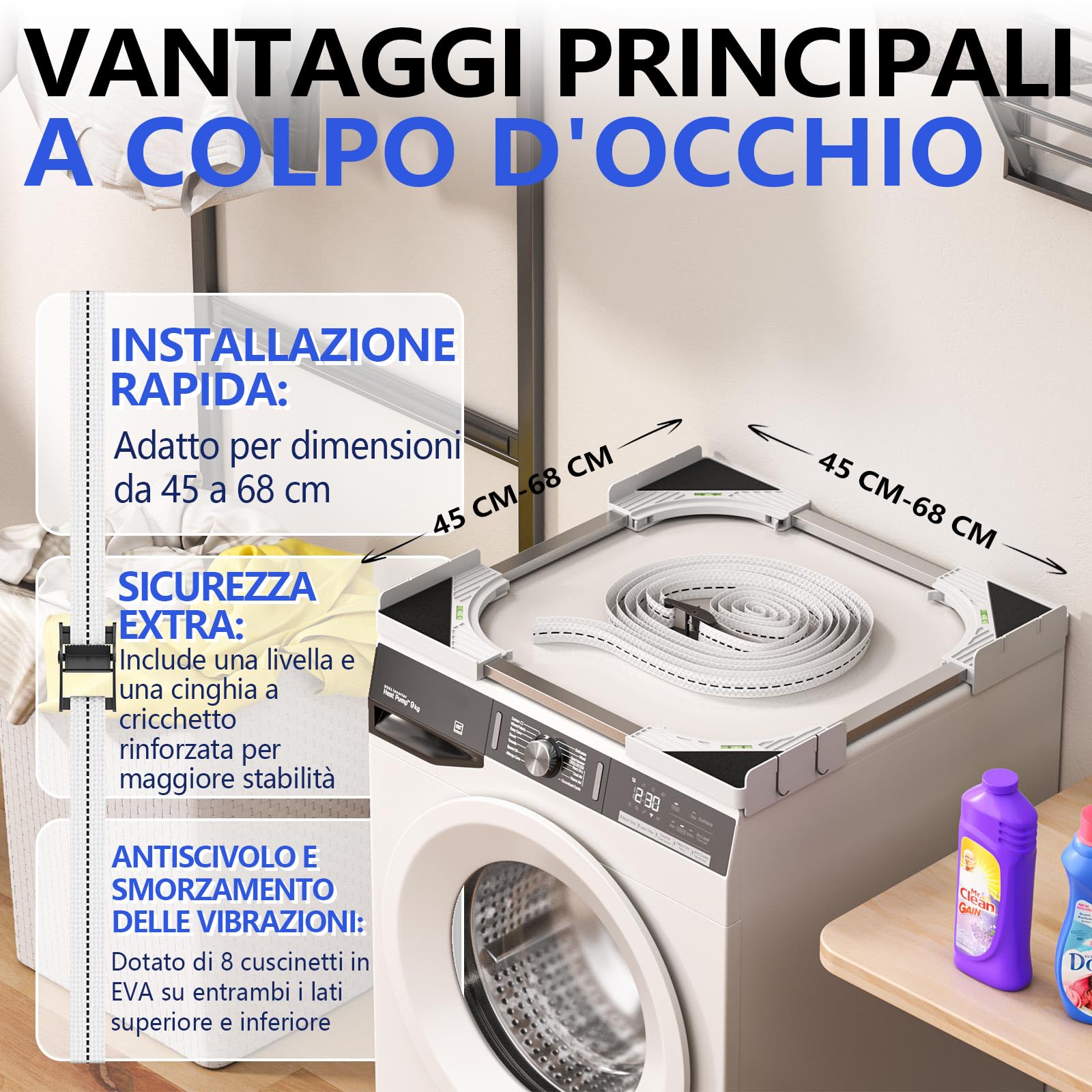 JHCHU Slimline - Kit impilabile per lavatrice e asciugatrice, telaio universale per elettrodomestici da 45-68 cm, design salvaspazio con cinghia a cricchetto e 4 ganci multifunzione (bianco)