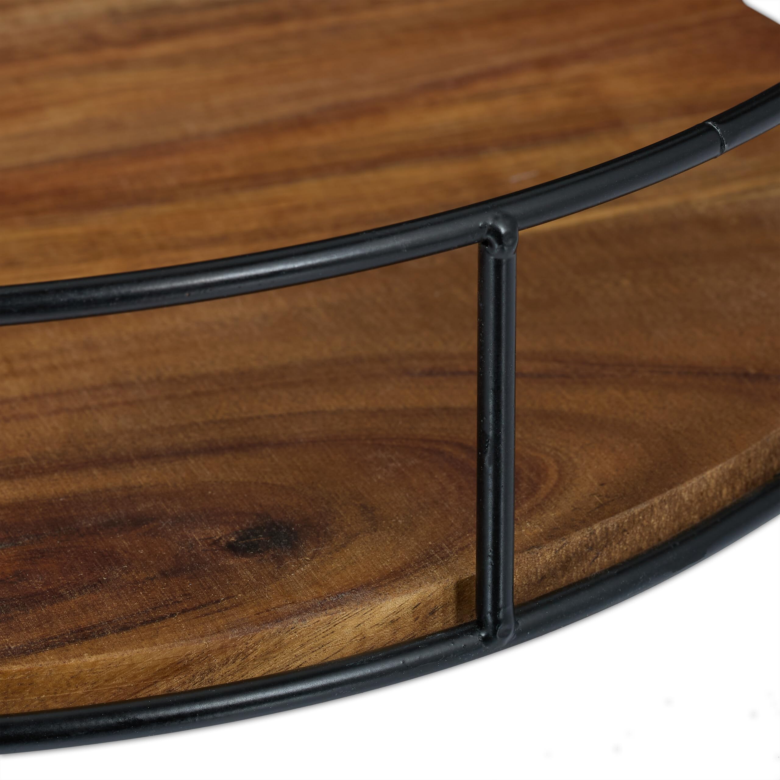 Relaxdays Vassoio da Portata in Legno con Manici e Bordo in Ferro, Piatto Servizio Rotondo HxD: 6x31 cm, Marrone Nero
