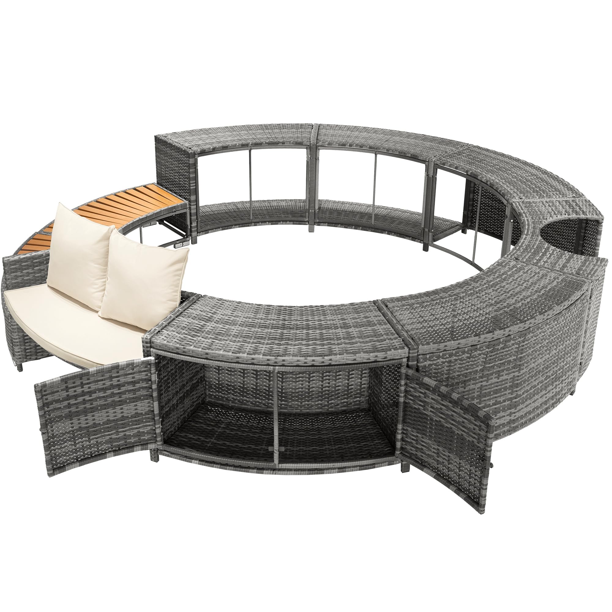 Idemon Set lounge da giardino con divano rotondo, set di mobili da giardino, lounge per vasca idromassaggio e piscina, con piedini regolabili, cuscino incluso, mobili per terrazza, giardino o piscina