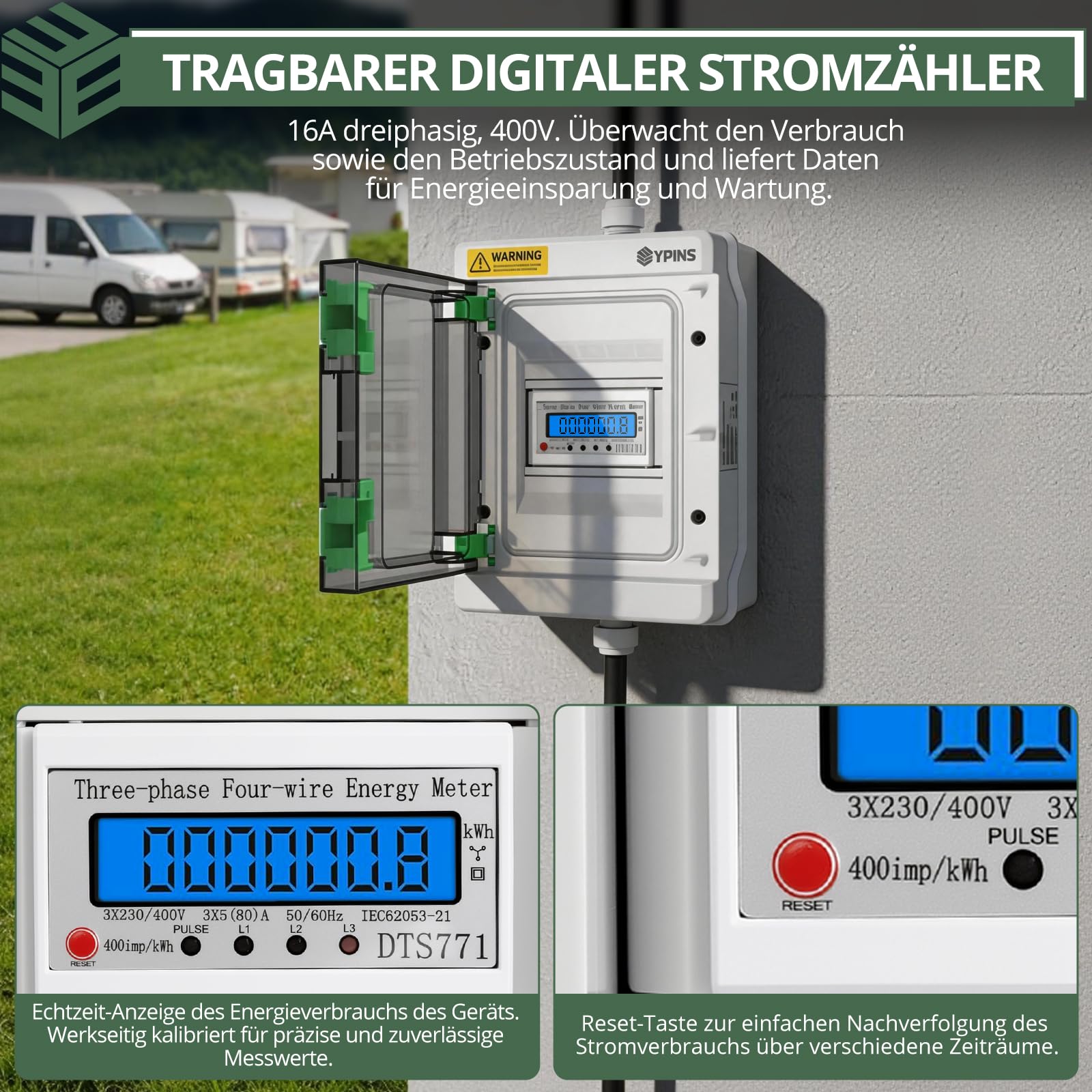 EYPINS Digitaler Stromzähler CEE Steckdose 16A 400V, IP55 Drehstromzähler mit Reset-Funktion, Energiekostenmessgerät mit 16A CEE Stecker & Kupplung für Caravan, Elektroauto
