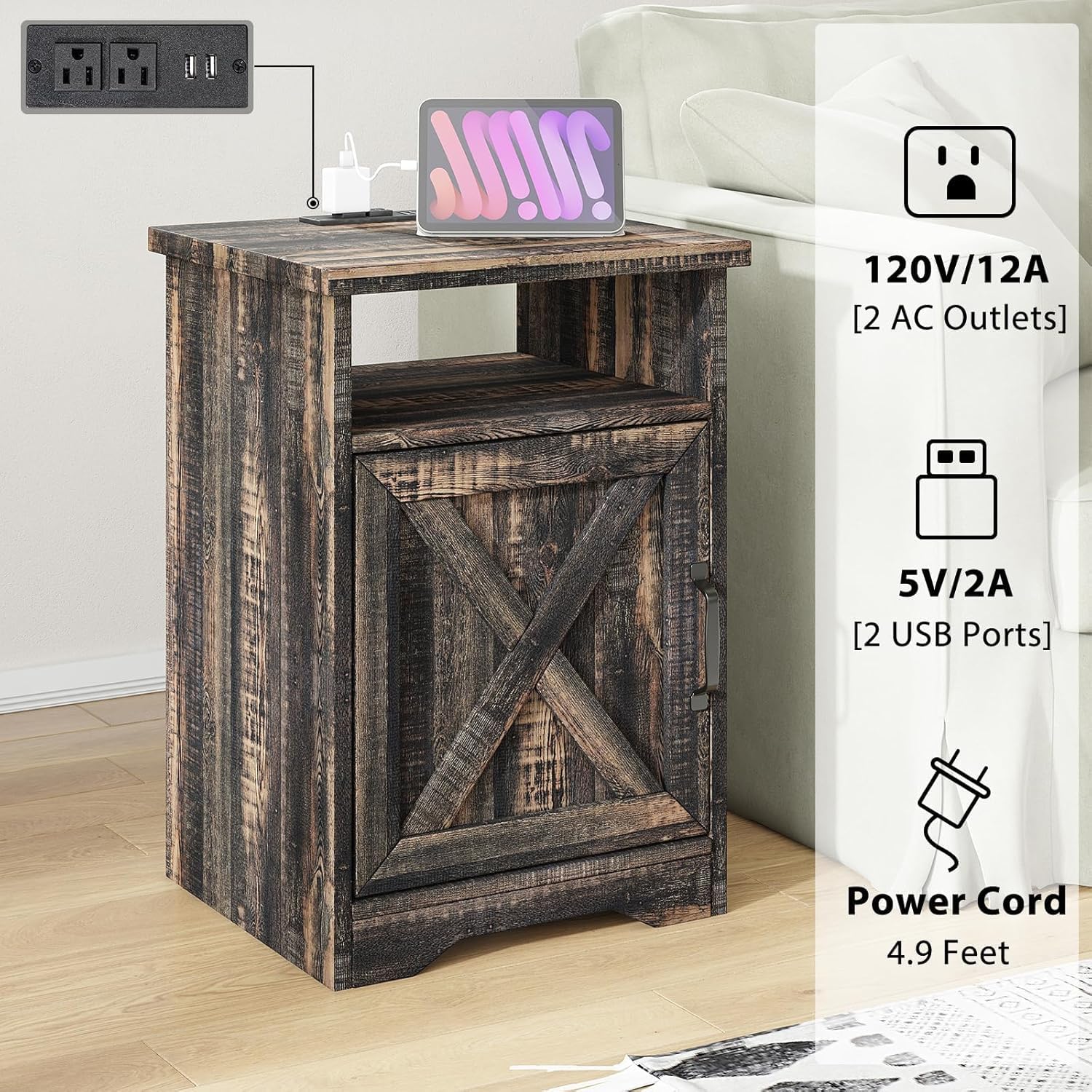AMERLIFE 4 Pieces Living Room Table Sets, 70" Farmhouse TV Stand with 33" Electric Fireplace, Coffee Table & 2 End Tables with Charging Station and USB Ports, Living Room, Dark Oak