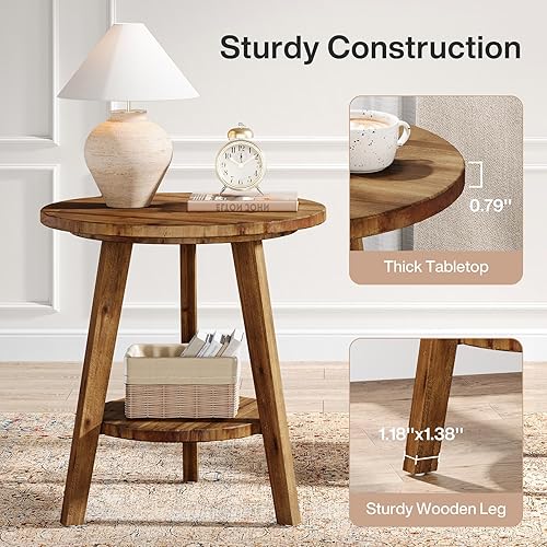 Miniatura 6 de Mesa auxiliar redonda de madera maciza, mesa auxiliar de sofá con estante de almacenamiento, mesita de noche de granja para sala de estar,