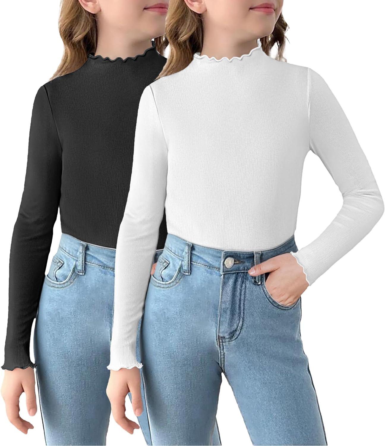 Arshiner Girls 2 Packs Lettuce Trim Mock Neck Long Sleeve Shirts Ribbed Knit Slim Tops Casual Trendy Base Layer Tee