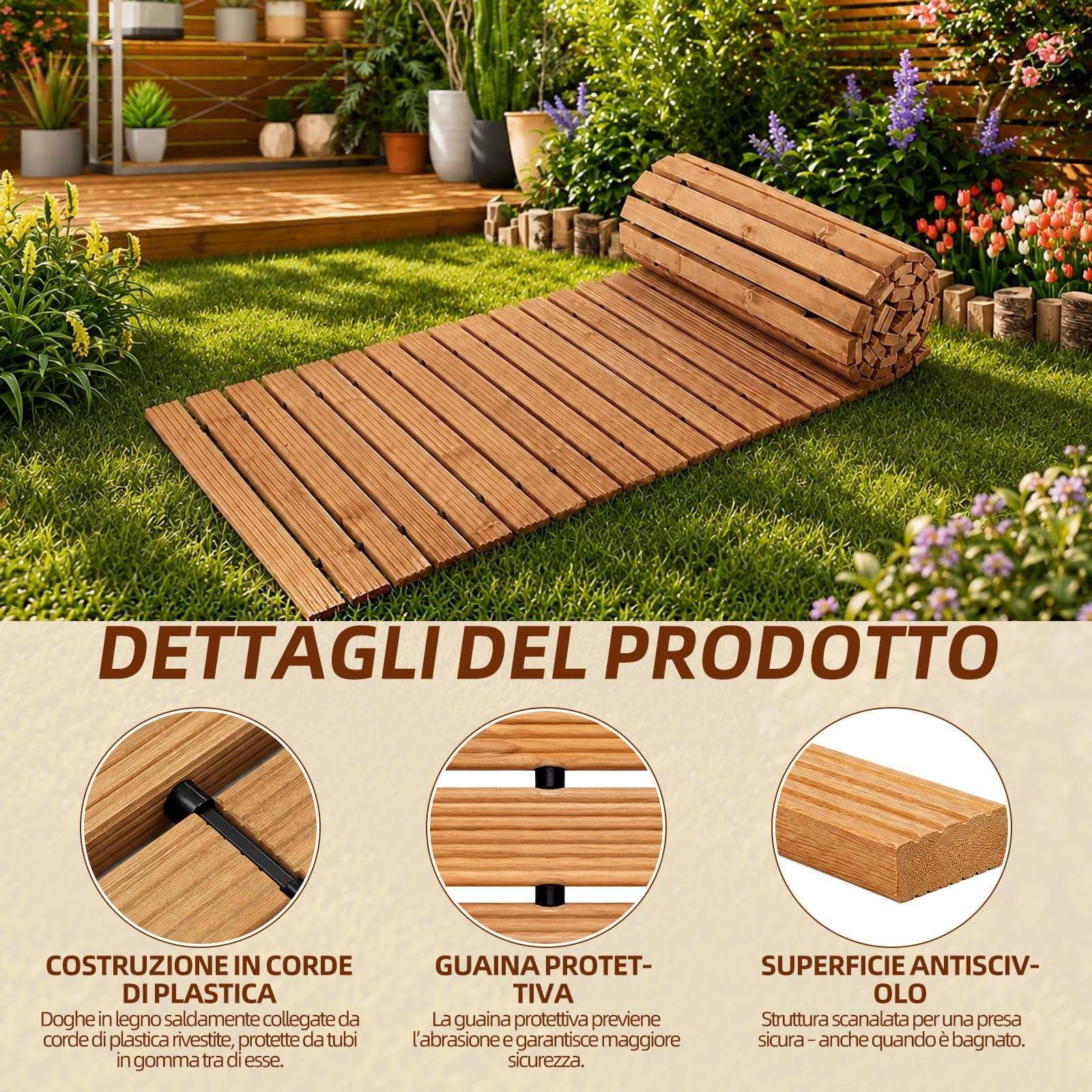 Holzweg - Percorso da giardino arrotolabile, in legno di cedro, 2,4 m