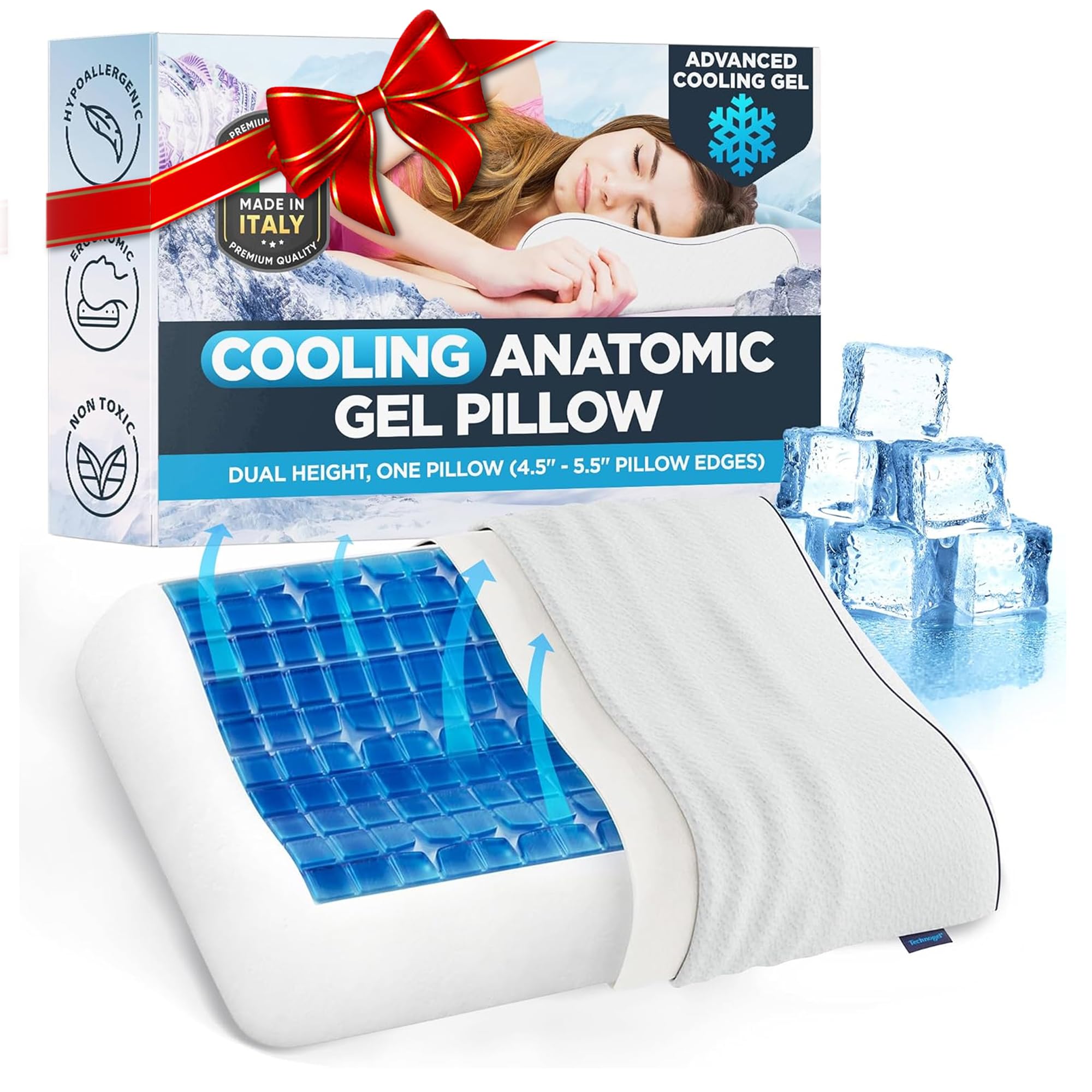 Technogel Anatomic Cooling Gel Pillow – Dual-Height Cervical Spine Support, Memory Foam Base, Washable Cover, Side & Back Sleepers