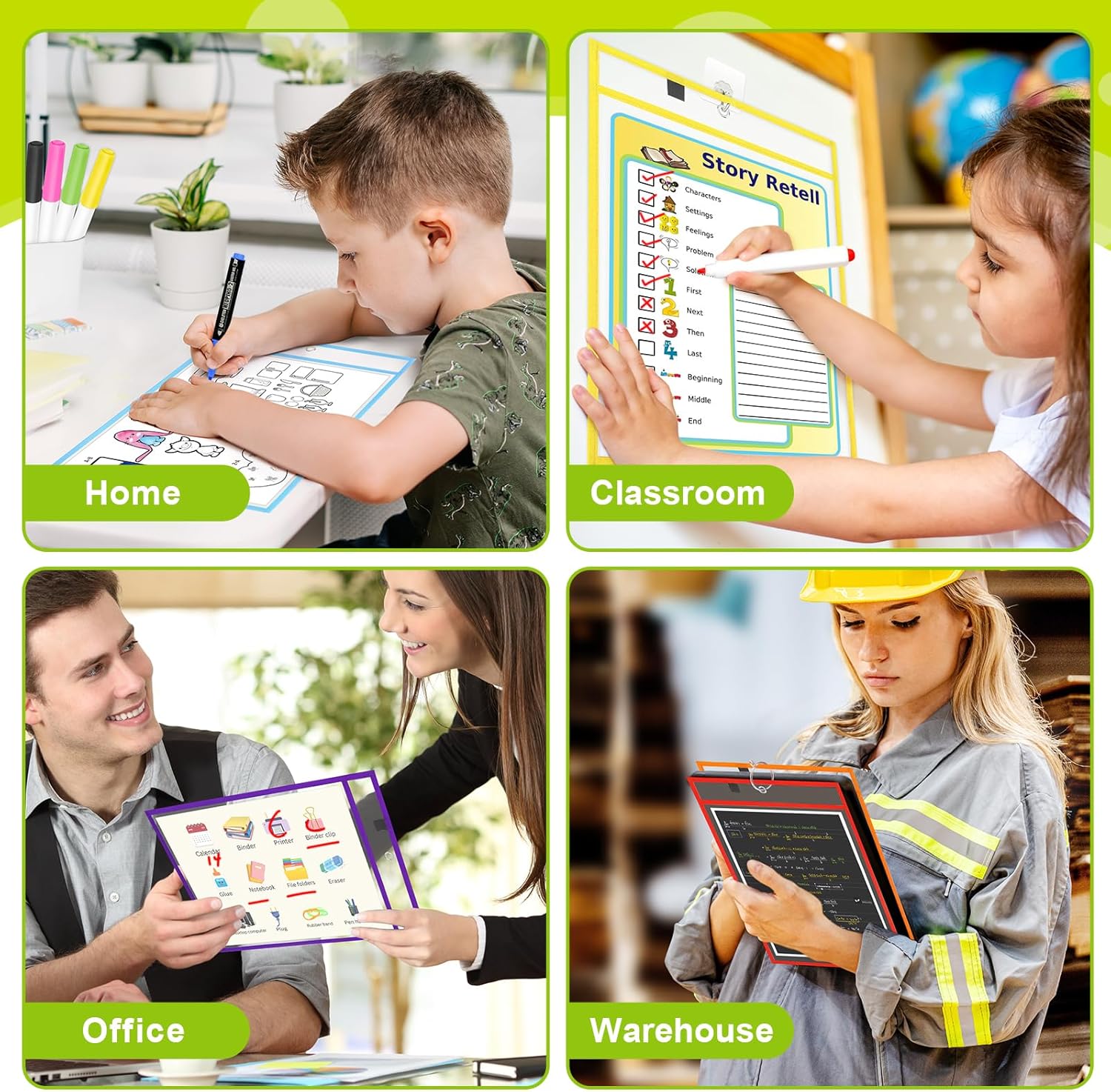 Letapapa 30 Pack Oversized Dry Erase Pockets Sleeves with 2 Rings, 10x14 Inch Ticket Holders, Clear Plastic Sheet Page Protectors for Teacher Supplies Classroom Organization, 10 Colors