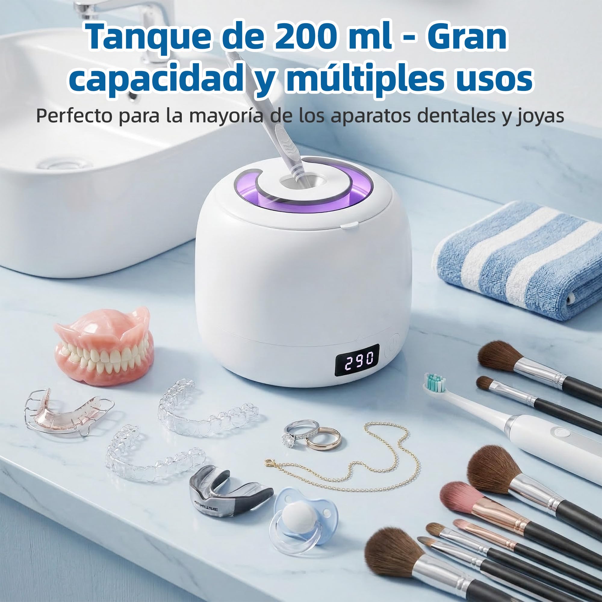 Carehabi Limpiador Ferula Dental, Limpiador Ultrasonidos Dental 45kHz con Depósito Extraíble 200mL, Máquina con Luz U-V para Retenedores, Alineadores y Joyas, Blanco