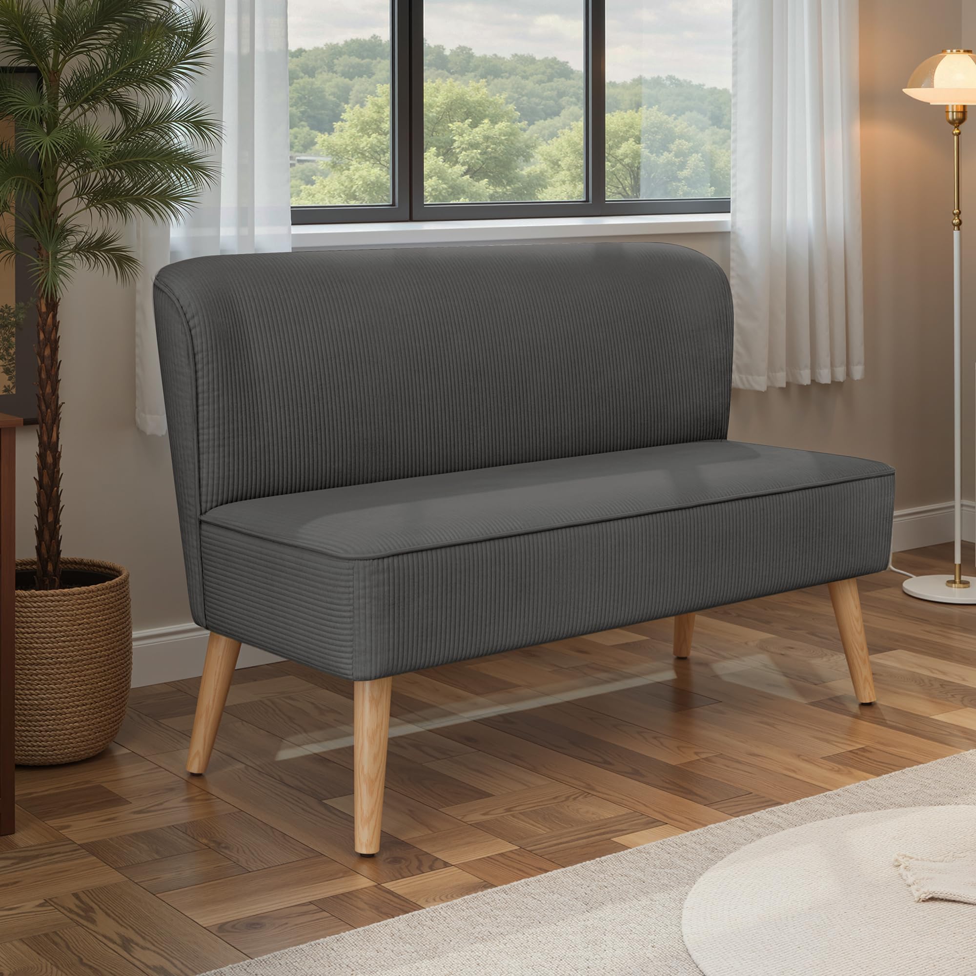 Sofá de 2 Plazas, Pequeño Loveseat con Tapizado de Aspecto Terciopelo Acanalado, Sofá Compacto Que Ahorra Espacio para Dormitorio, Salón, Apartamento, 117x56x76cm, Gris