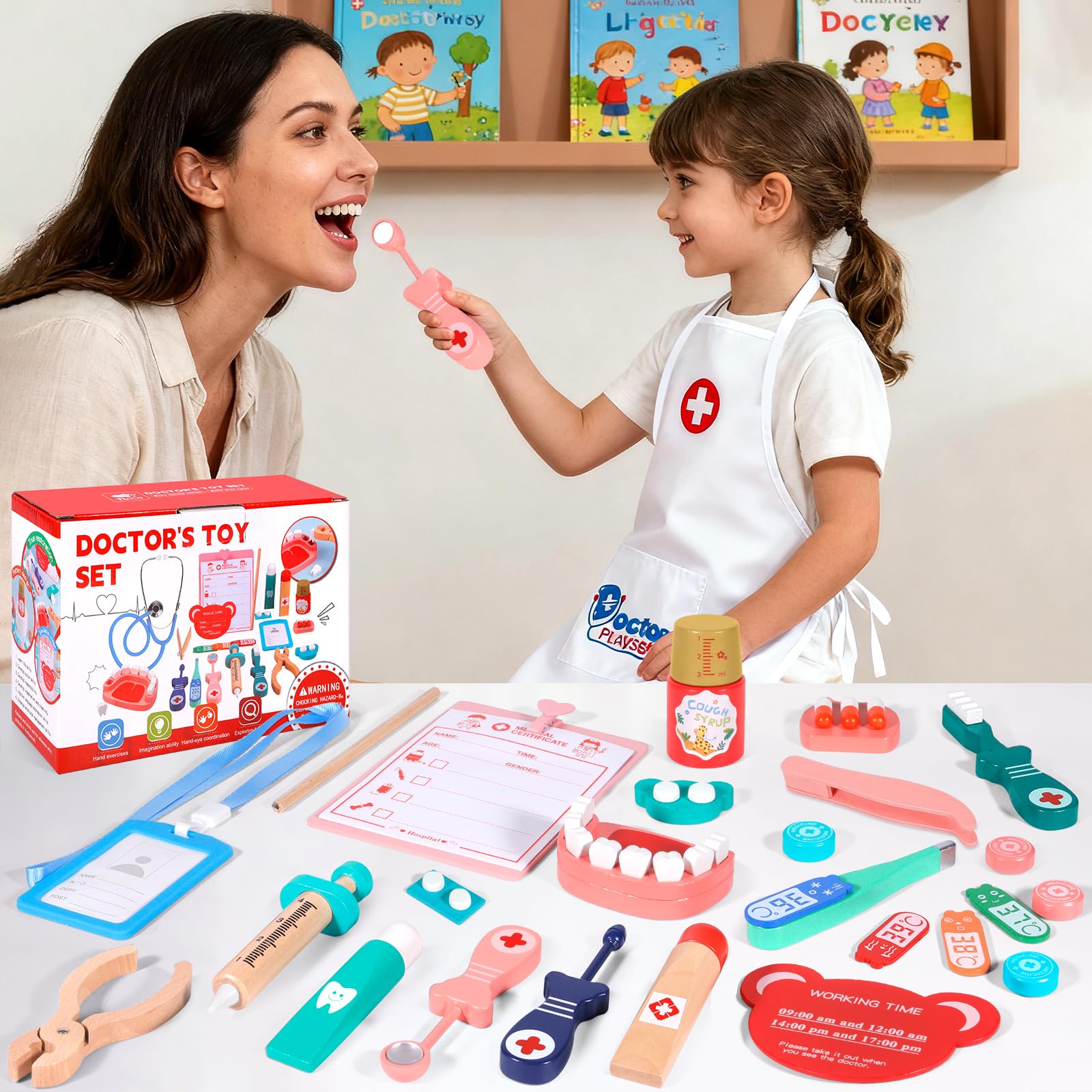 Mallette Docteur Enfant En Bois 38 Pièces – Jeu De Rôle Dentiste – Stéthoscope Réel – Pour Filles Et Garçons De 3 à 8 Ans