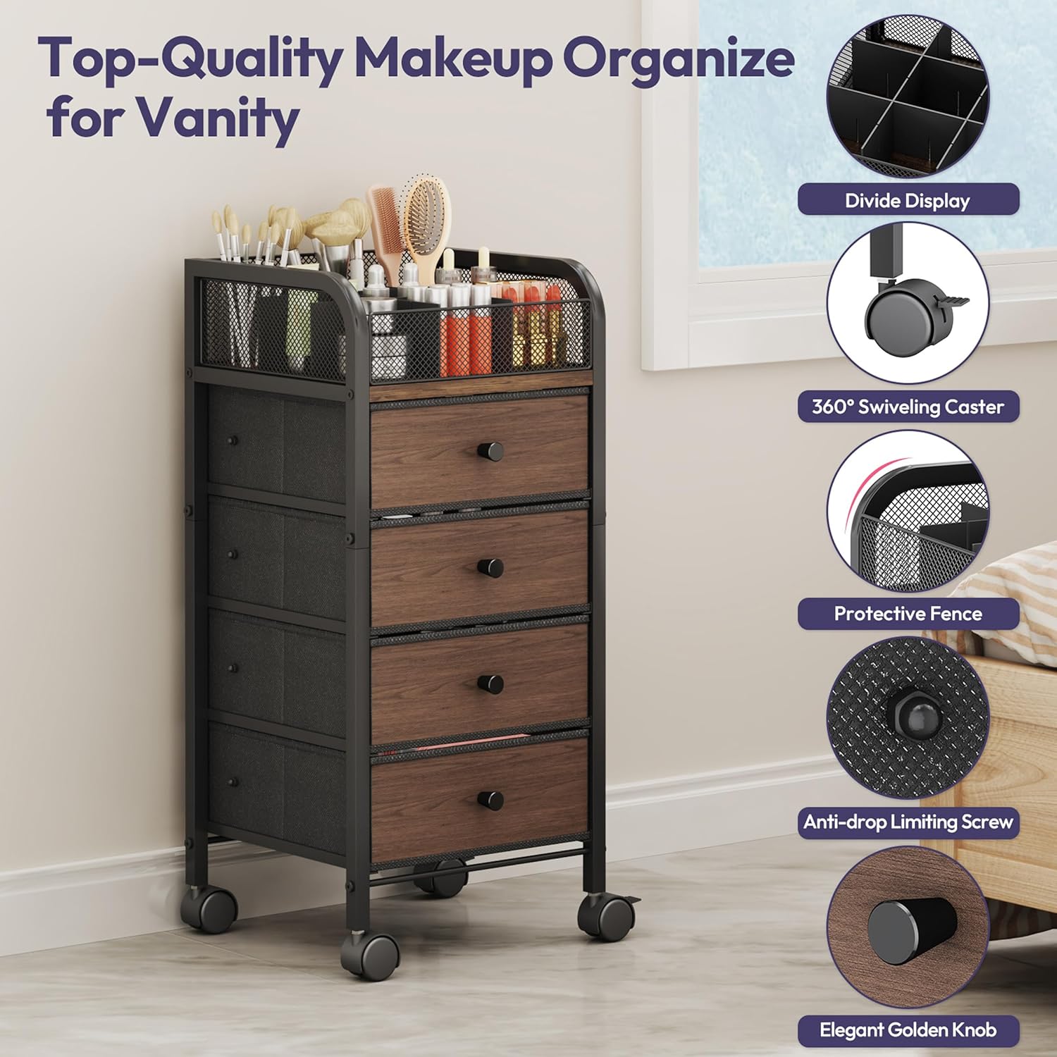 SWTYMIKI Rolling Makeup Organizer Cart - Under Desk Vanity Makeup Storage with 3 Non-woven Drawers, Nail Cart Organizer Cosmetic Display Cases Cabinet for Skin Care Perfume Nail Polish Brush Hair Tool