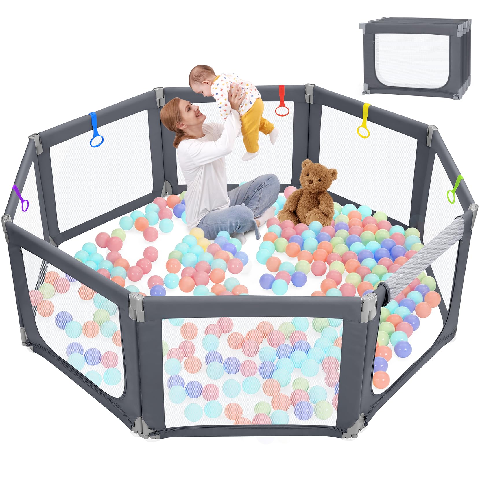 KidirectFoldable Baby Playpen, Extra Large Playpen for Babies and Toddlers, Play Pen with Safety Gate, Corrales para Bebes, Adjustable Portable Play Yard for Babies Indoor Outdoor (Deep Grey,71"×69")