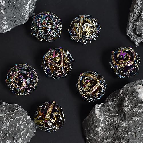 Miniatura 5 de RULE DICE Juego de dados de metal DND D&D, 7 diseños redondos de esfera hueca para mejores dados D y D, hermoso juego de dados DND de metal en forma