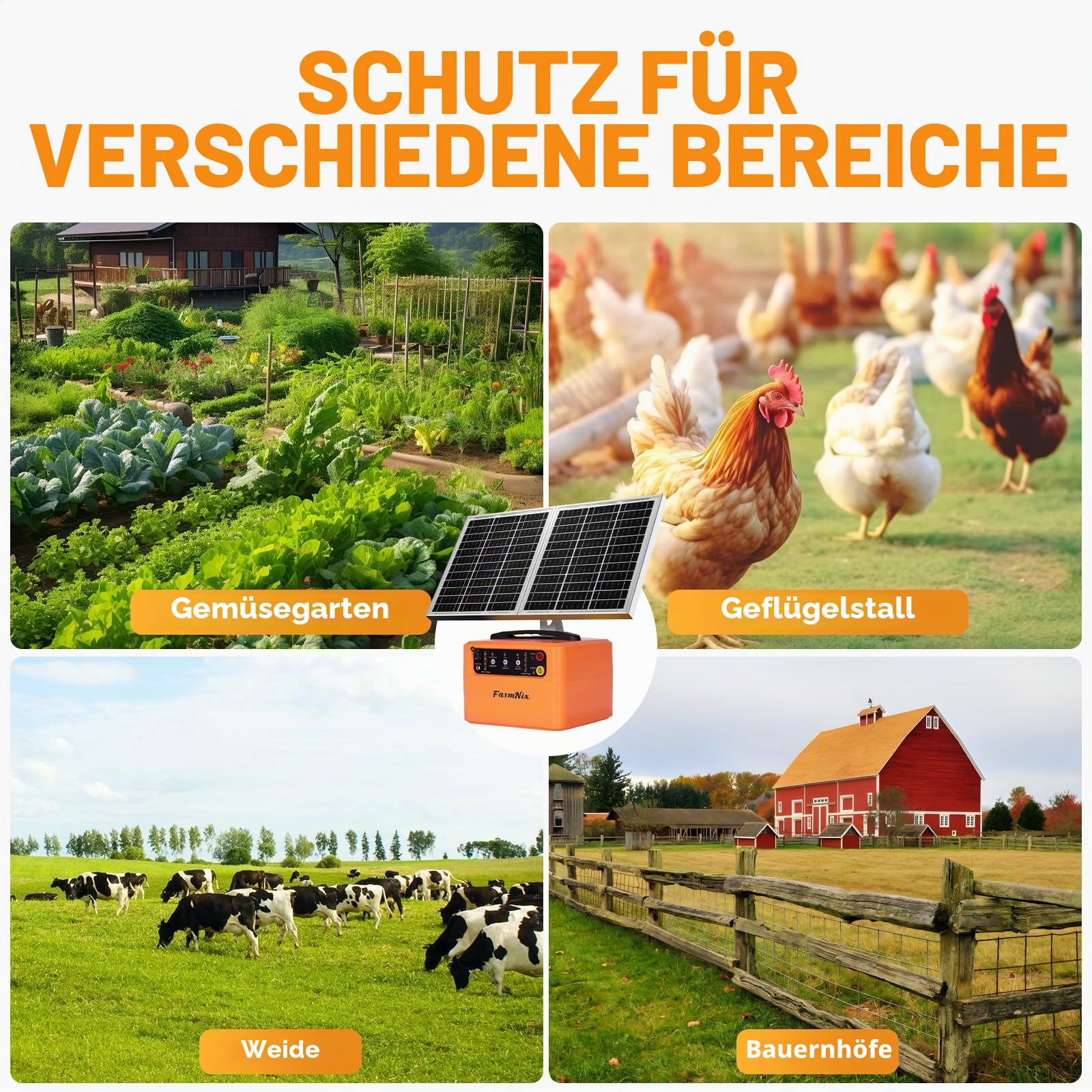 Weidezaungerät Solar 12V, Elektrozaungerät 0.3-1.5J, 6KV-12KV | bis 48KM Reichweite, inkl. 15W Solarpanel & 12V 7Ah Akku, für Rinder, Pferde, Schafe, Hunde & Geflügel