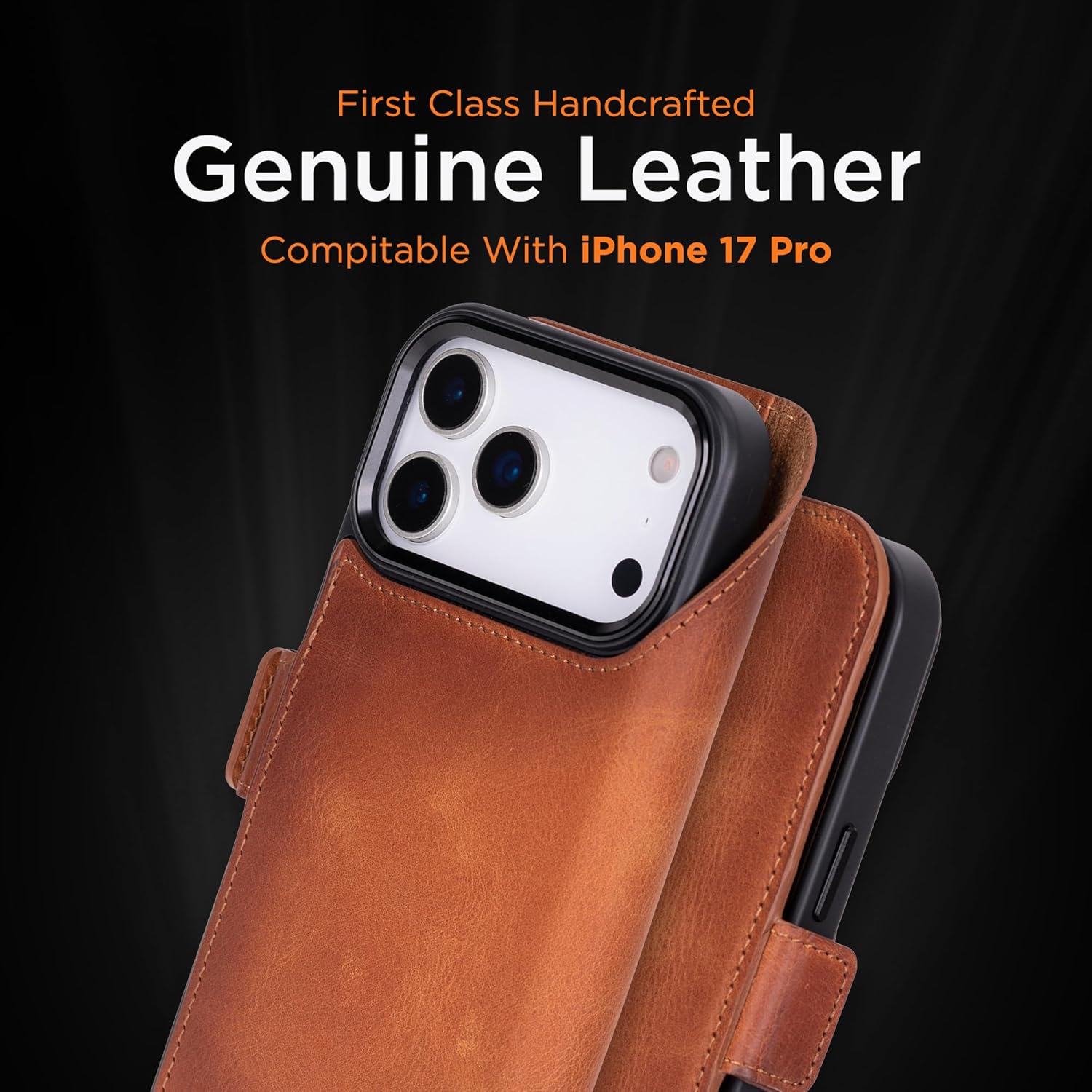 Bayelon Leather Folio Case for iPhone 17 Pro 6.3", Flip Cover Card Holder, Genuine Leather Case, Folio Wallet Case, MagSafe Compatible Shockproof Flip Cover, Rfid Blocking -Vintage Brown