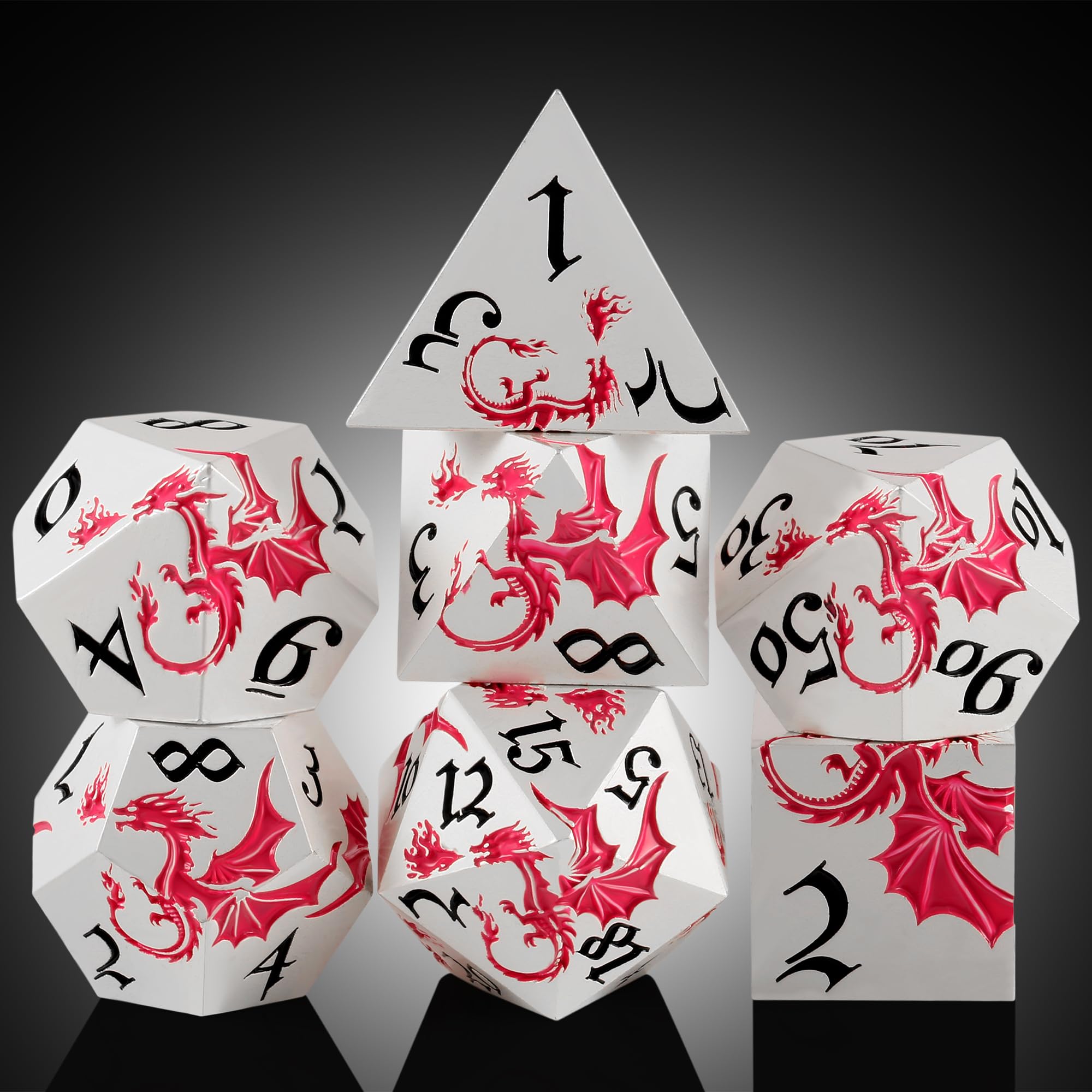 DNDND Dragon Metal Dice Set, 7 PCS Metal DND Dice with Dragon Engraving, Random Color Gift Case for Dungeons & Dragons, Tabletop Games (Pink & Silver)