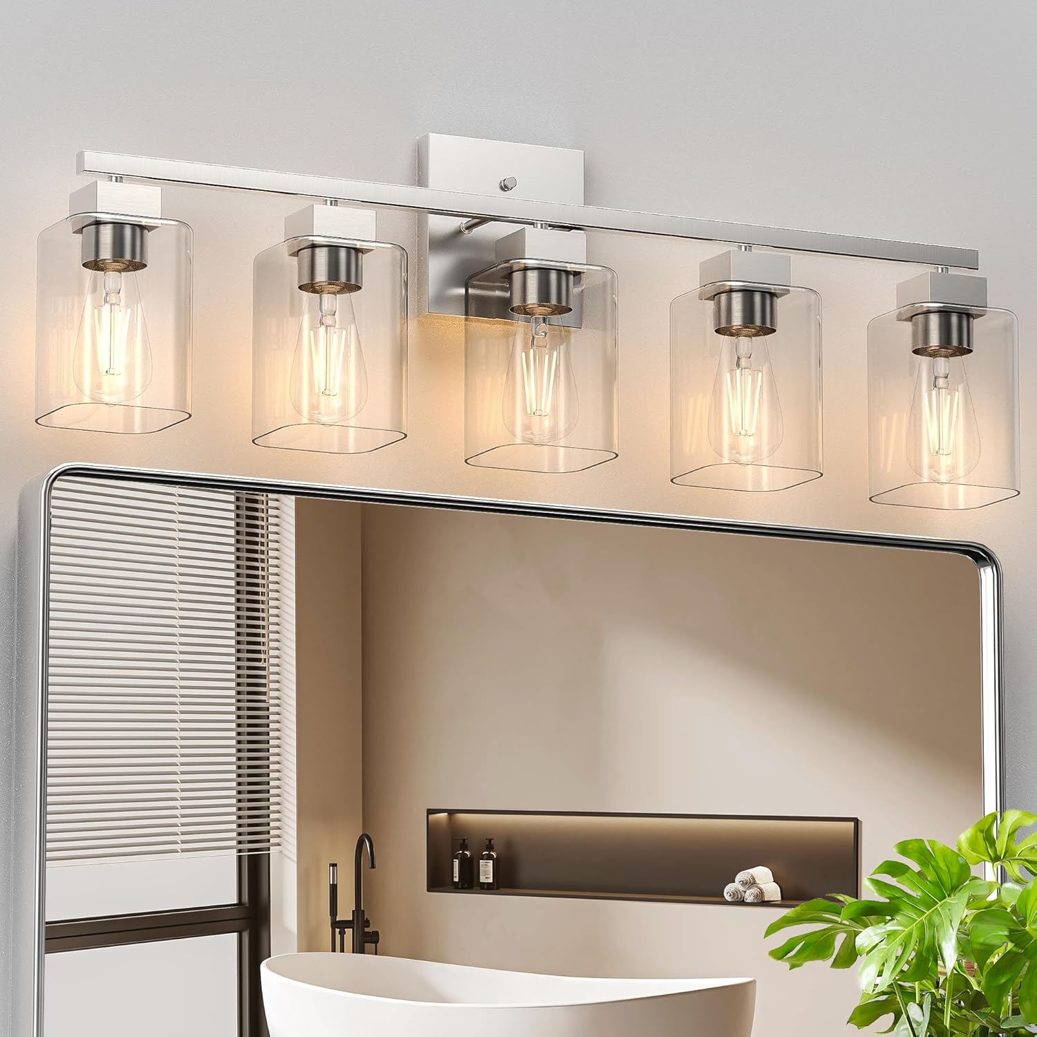 Espird 5 Light Bathroom Vanity Light - Brush Nickel Bathroom Light Fixtures Square Design & UL Certification, 31 Inch Long Silver Bathroom Light Fixtures Over Mirror for Bathroom & Bedroom & Restroom 5 Light Brush Nickel