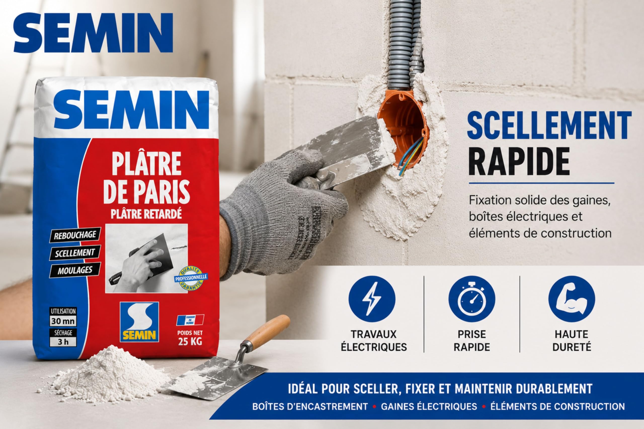 SEMIN Plâtre de Paris 25 kg - Plâtre Naturel Extra Fin - Moulages, Scellements, Rebouchage et Réparations Intérieures - Séchage Rapide 3h - Finition Blanche - Fabriqué en France - Lot de 2