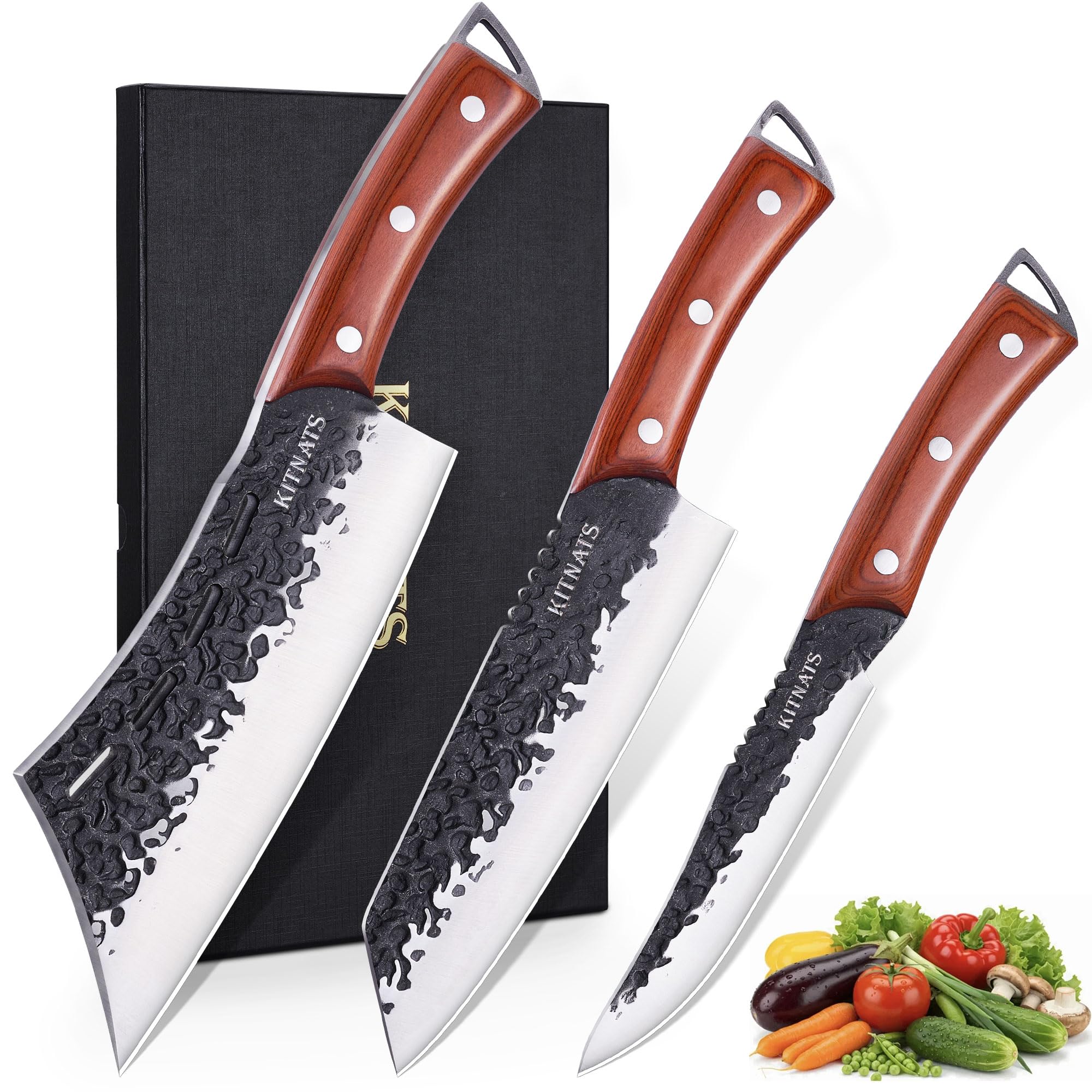 KITNATS Butcher Knife Set, 3PCS Hand Forged Full Tang BBQ Knife Set
