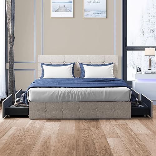 Miniatura 9 de BALUS Marco de cama tamaño Queen marco de cama tapizado con 4 cajones de almacenamiento y cabecera ajustable diseño tapizado con botones cosidos