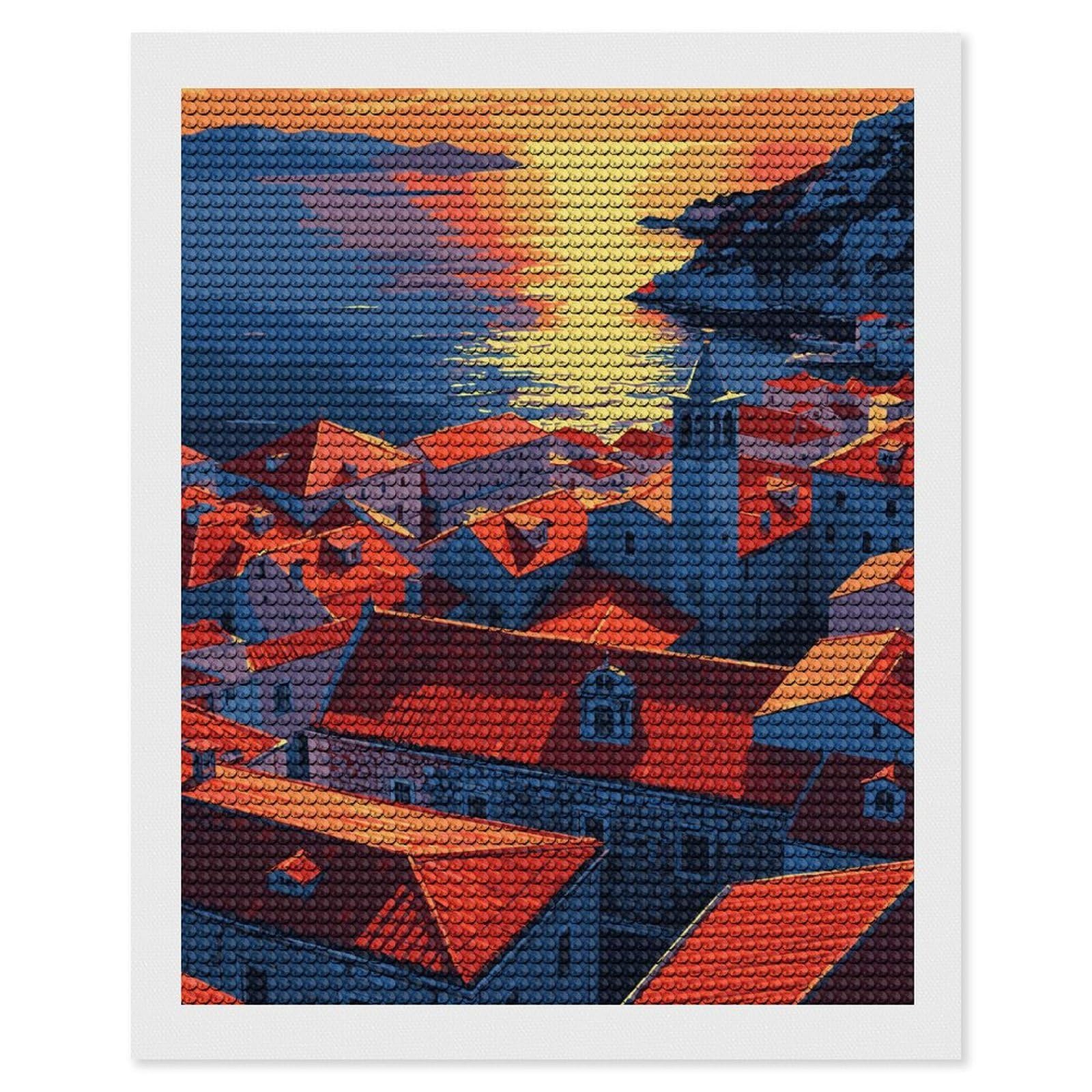 Junmoney Coastal Townscape at Sunset Diamond Painting Set 16"x20", Holiday Gift Idea, for Creative Relaxation, Fun Craft Experience, Vintage Style Decor