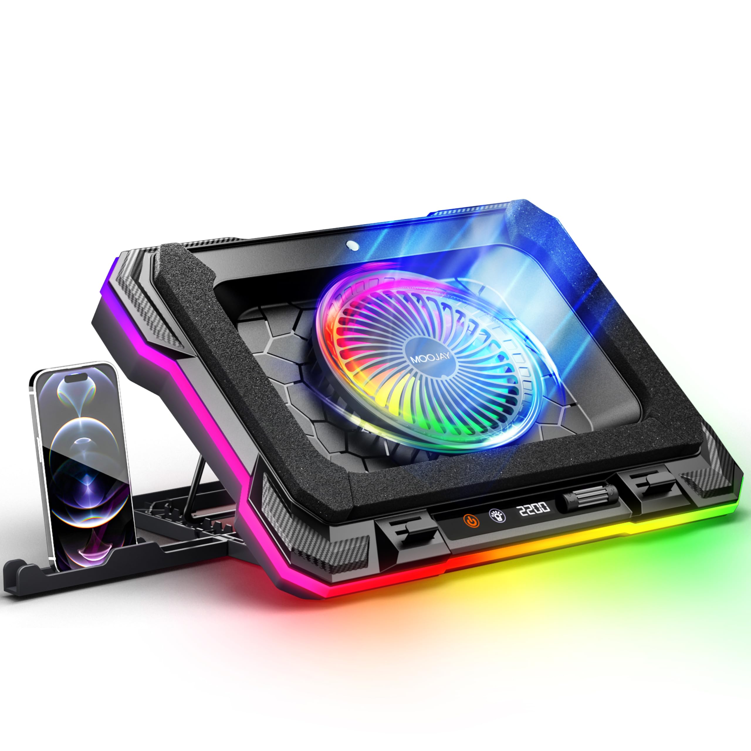 Laptop Kühlkissen Leistungsstarker Turbolüfter RGB Gaming Notebook Kühler Laptop Lüfter Kühlständer mit 8 Höhenverstellbar und Handyständer, für 14-19 Zoll Laptop - Farbiges LED Licht