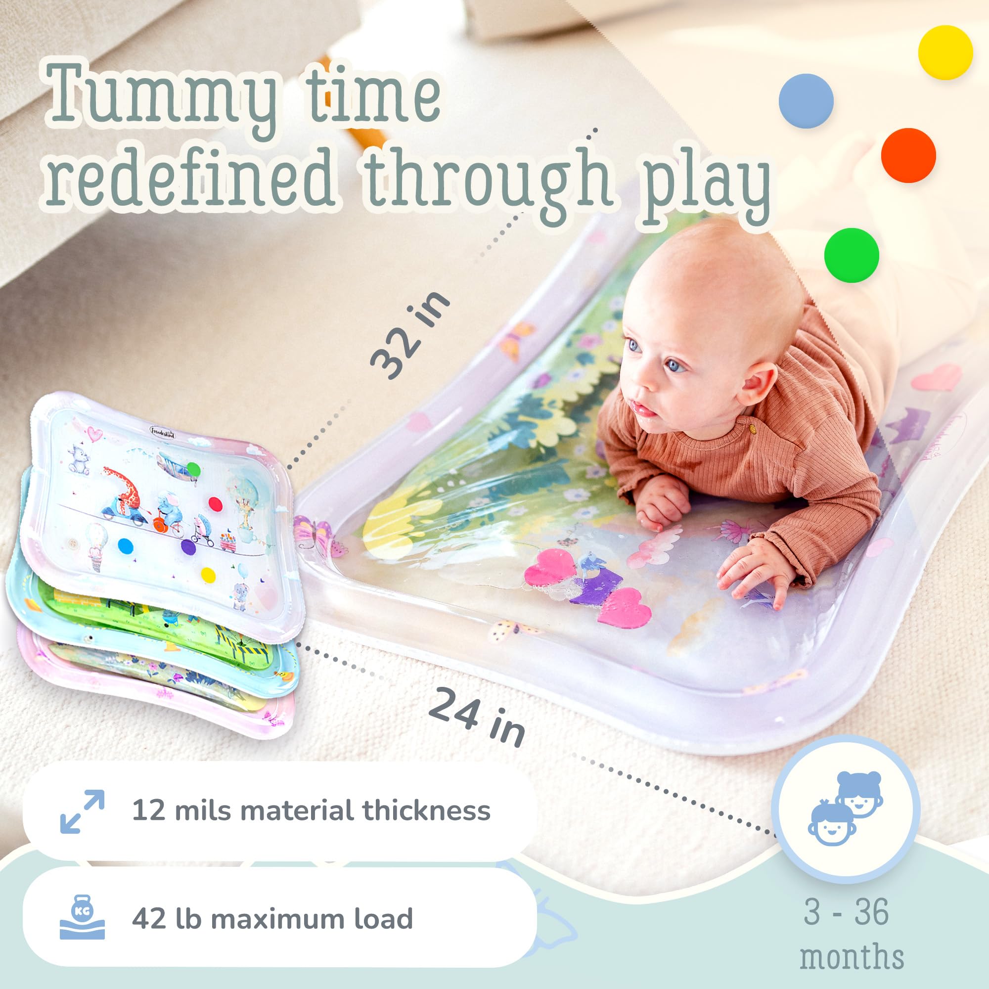 Mata wodna XXL TummyTime od Freudeskind – Nadmuchiwana mata do zabawy dla niemowląt – od 0-36 miesięcy – Sensoryczna mata Montessori – Zabawka na czas leżenia na brzuszku